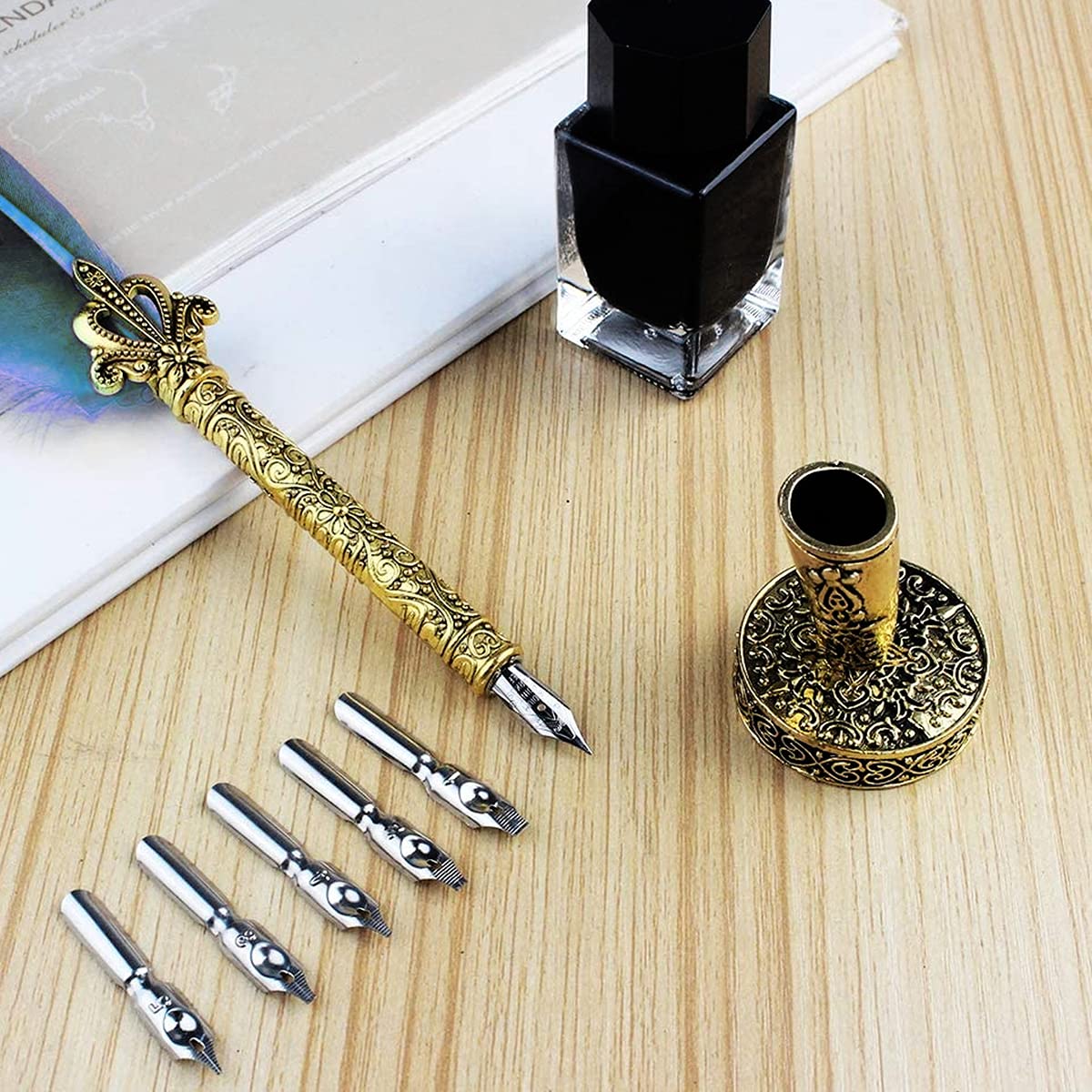 Feather Quill Pen and Ink Set Calligraphy Dip Pen Set with Inkwell