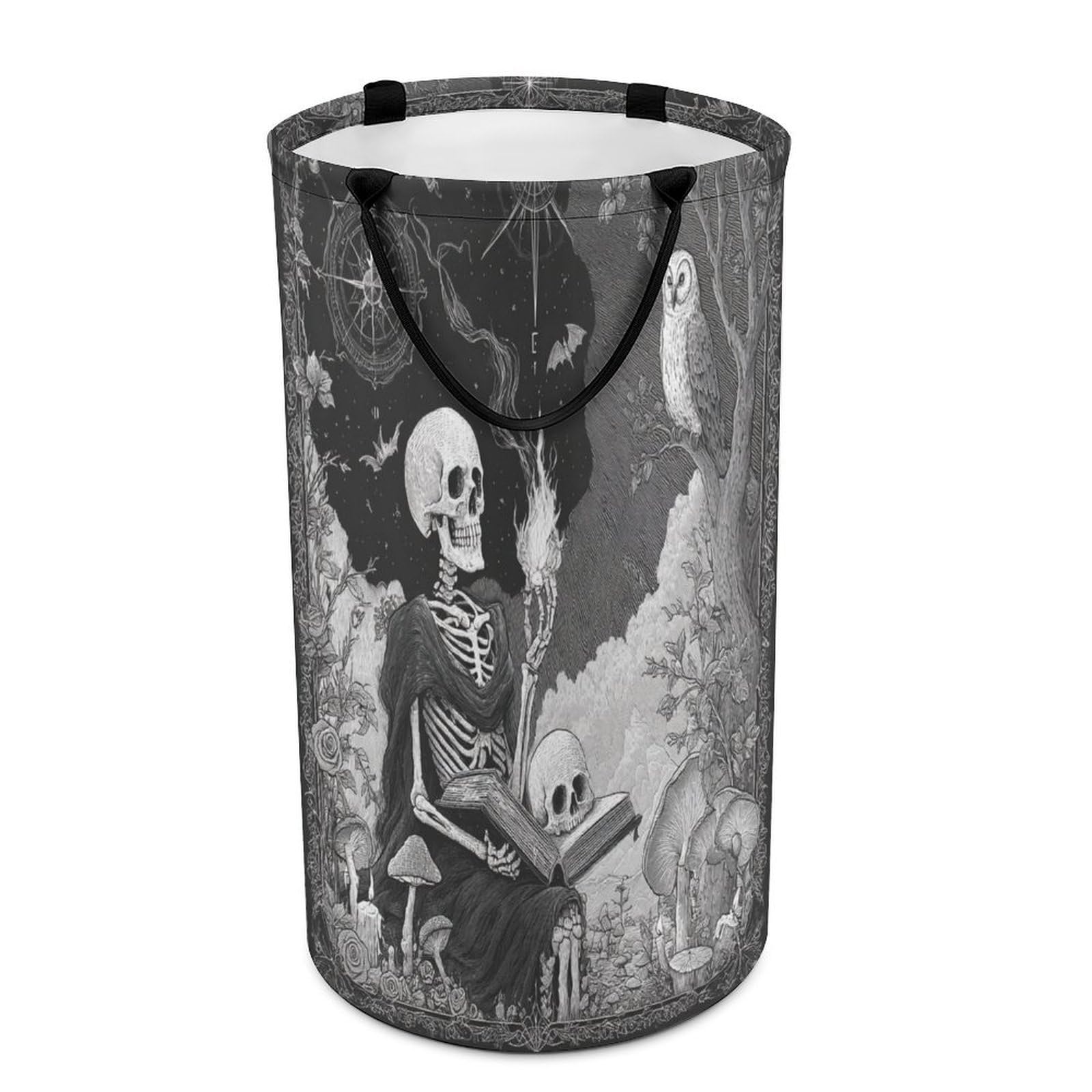 LUYYSKY Rustic Realistic Gothic Skeleton Versatile Storage Laundry Basket, Rustic Painting Art Halloween Animal Owl Bats Horror Skull Large Capacity Bathroom Hamper With Handle