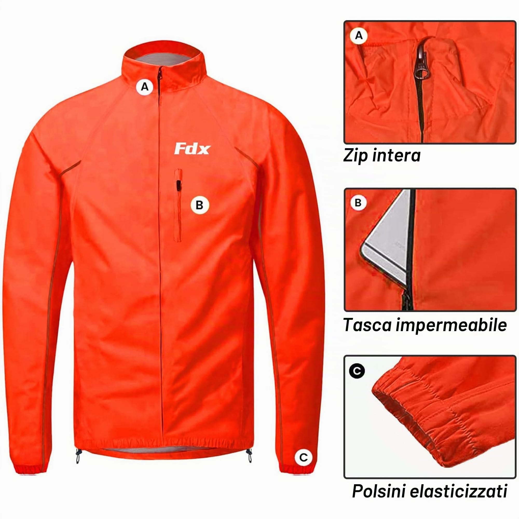 FDX Giacca ciclismo uomo impermeabile, leggera e traspirante – top riflettente ad alta visibilità con maniche lunghe – antivento con sacchetto ripiegabile per corsa e MTB