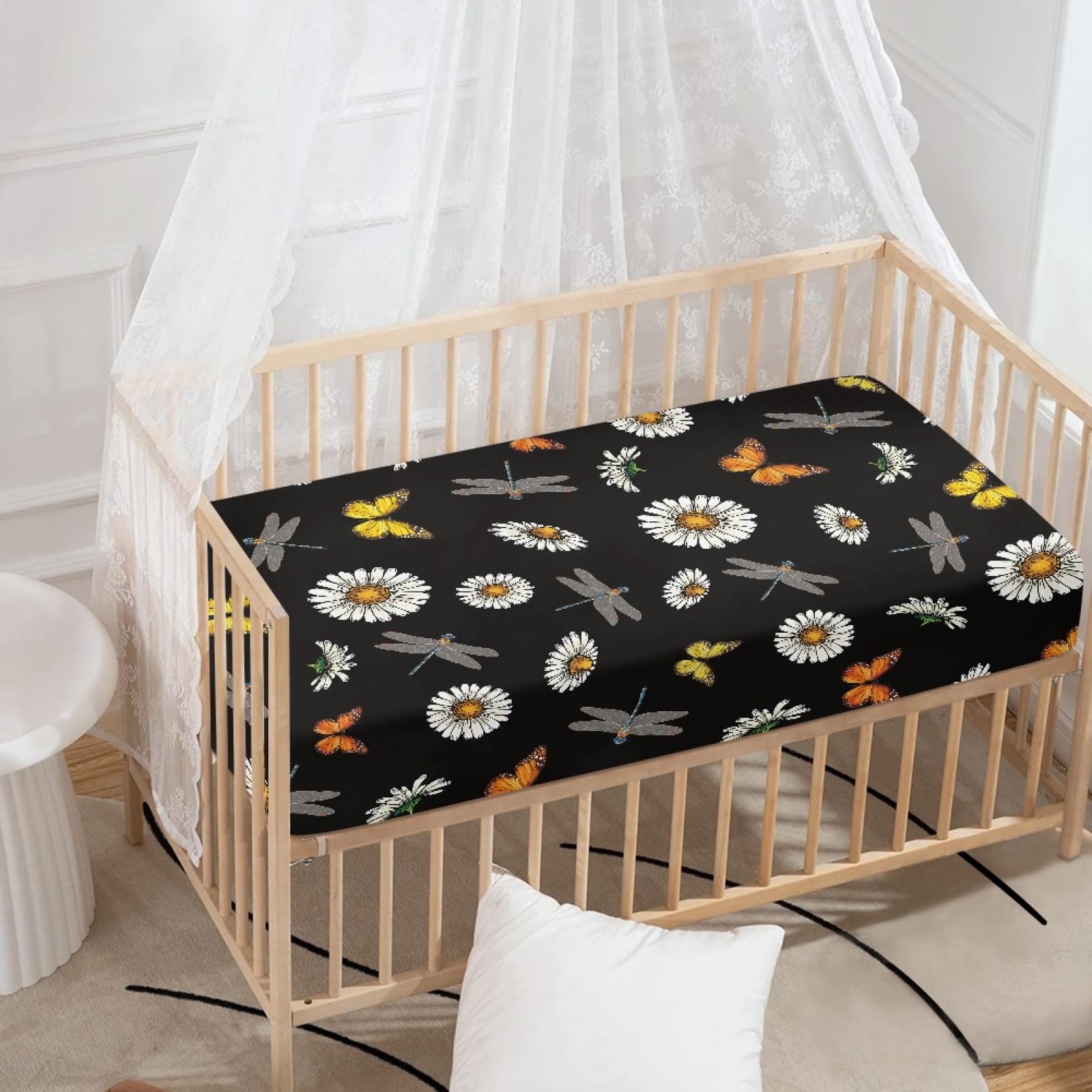 Odot Cot Bed Fitted Sheets 130x70cm, Daisy Pattern Cot Bed Sheet Fitted Sheets for Cribs Baby Bed Sheets Soft Bassinet Sheets Cot Bed Mattress Protector for Boy Girl (Dragonfly)