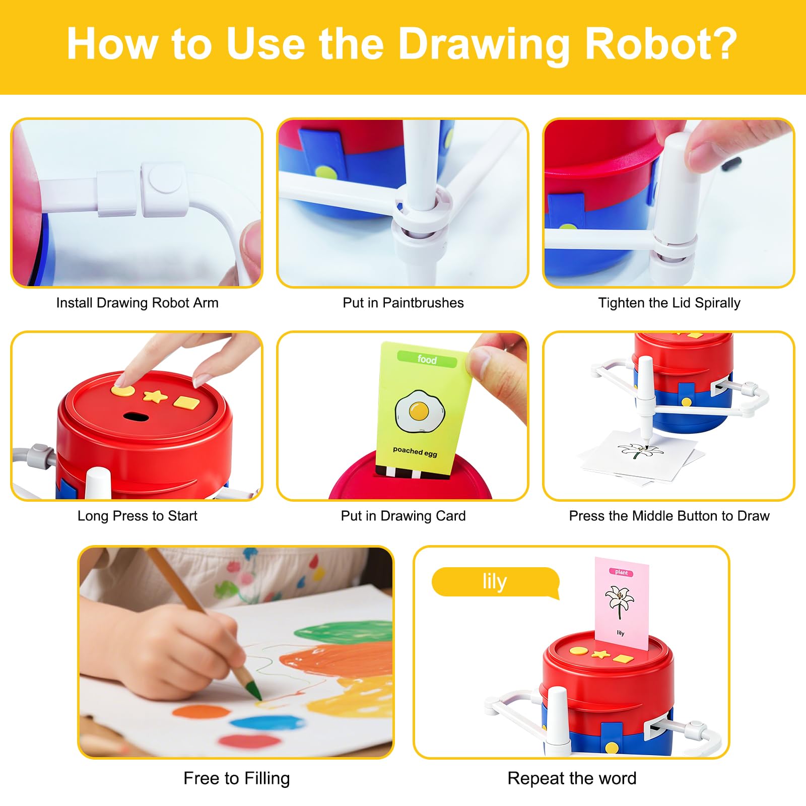 Robot da disegno per bambini, set magico da colorare con 22 penne e 200 carte educative, guida vocale, giocattolo Montessori, età 3-8 anni, versione inglese