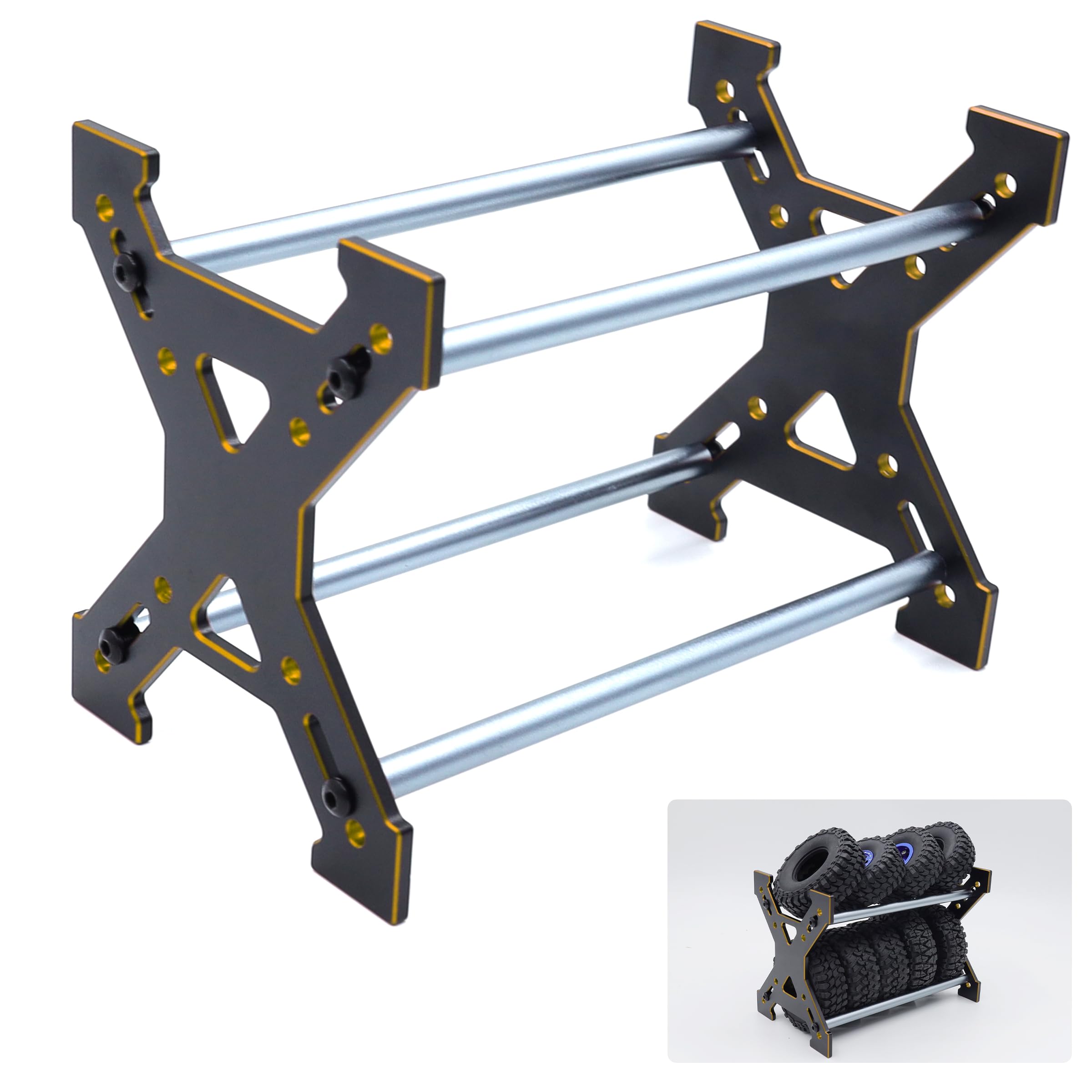 HOPLEX 1.0" Wheel Tires Rack Aluminum Multi-Tire Storage Rack Tires Stand for SCX24 AX24 TRX4M FCX24 1/18 1/24 RC Crawler Car(Black Gold)