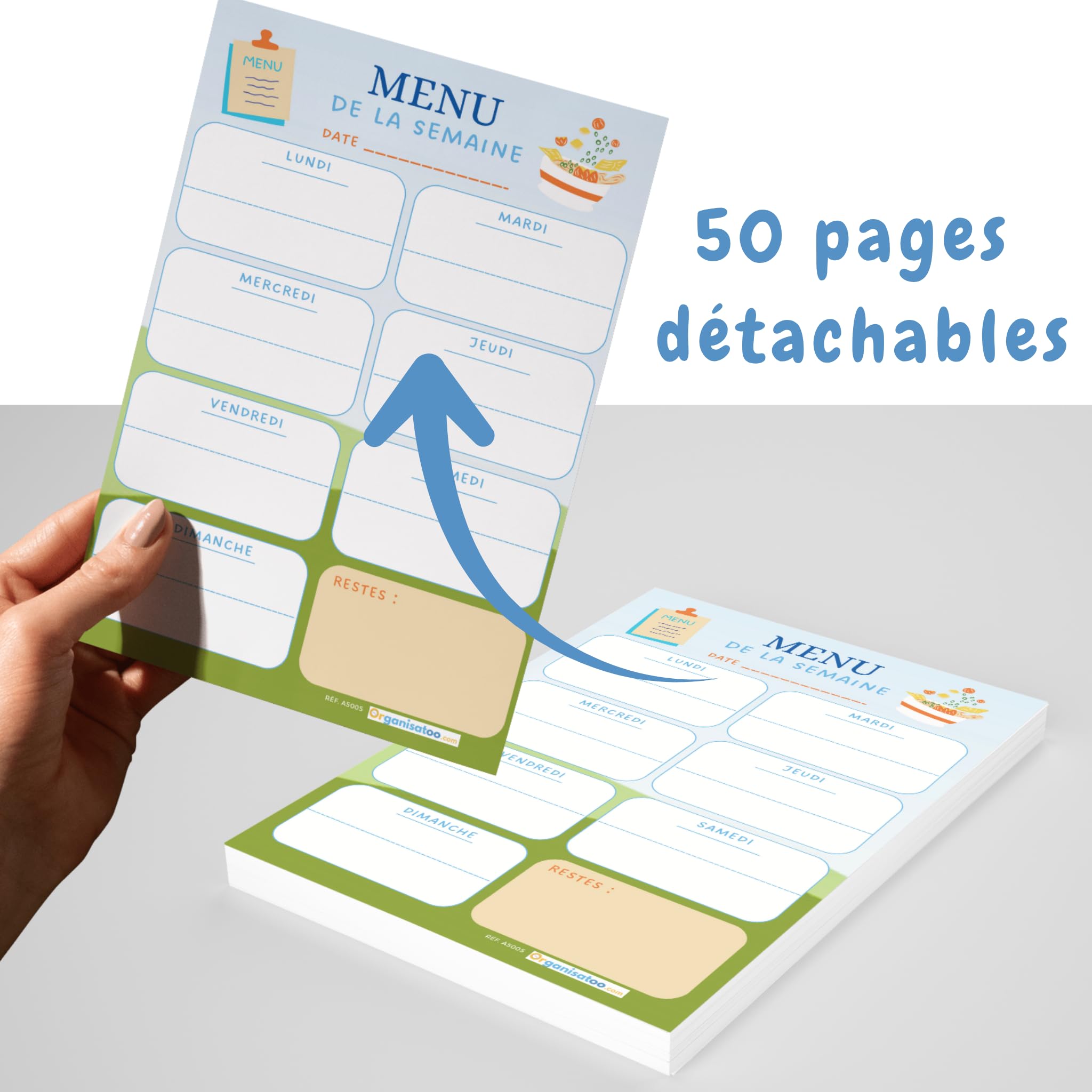 Bloc menu de la semaine - planificateur des repas hebdomadaire A5 - organisation quotidien 50 pages