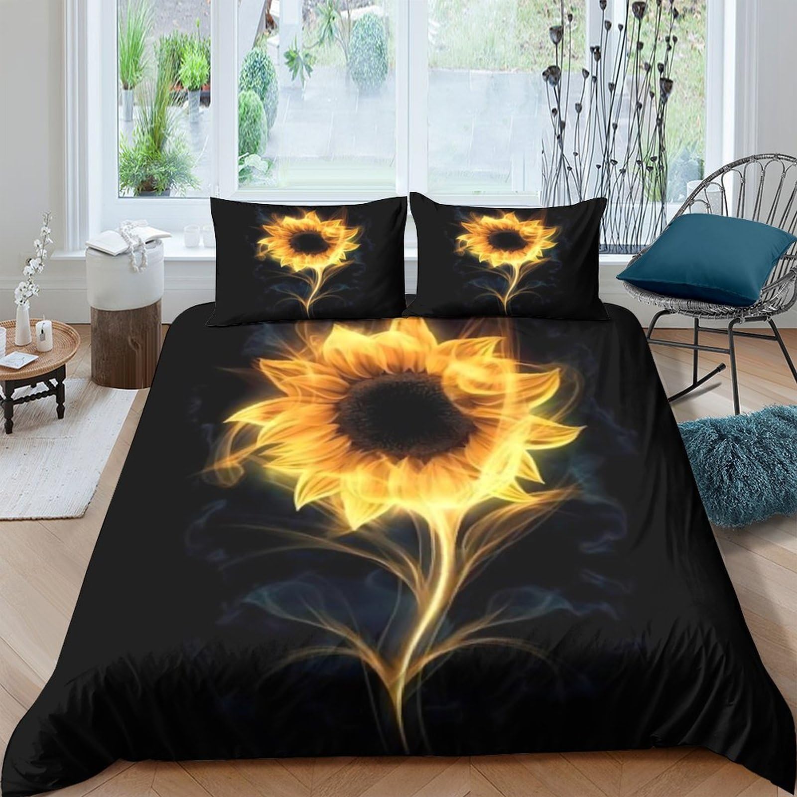 Ctjqhvkz Style-3 3D Printed Flaming Sunflower Fitted Sheet Microfiber Black Bed Cover, Bedroom Dorm Mattress Protection Decorative Single（135X200cm）