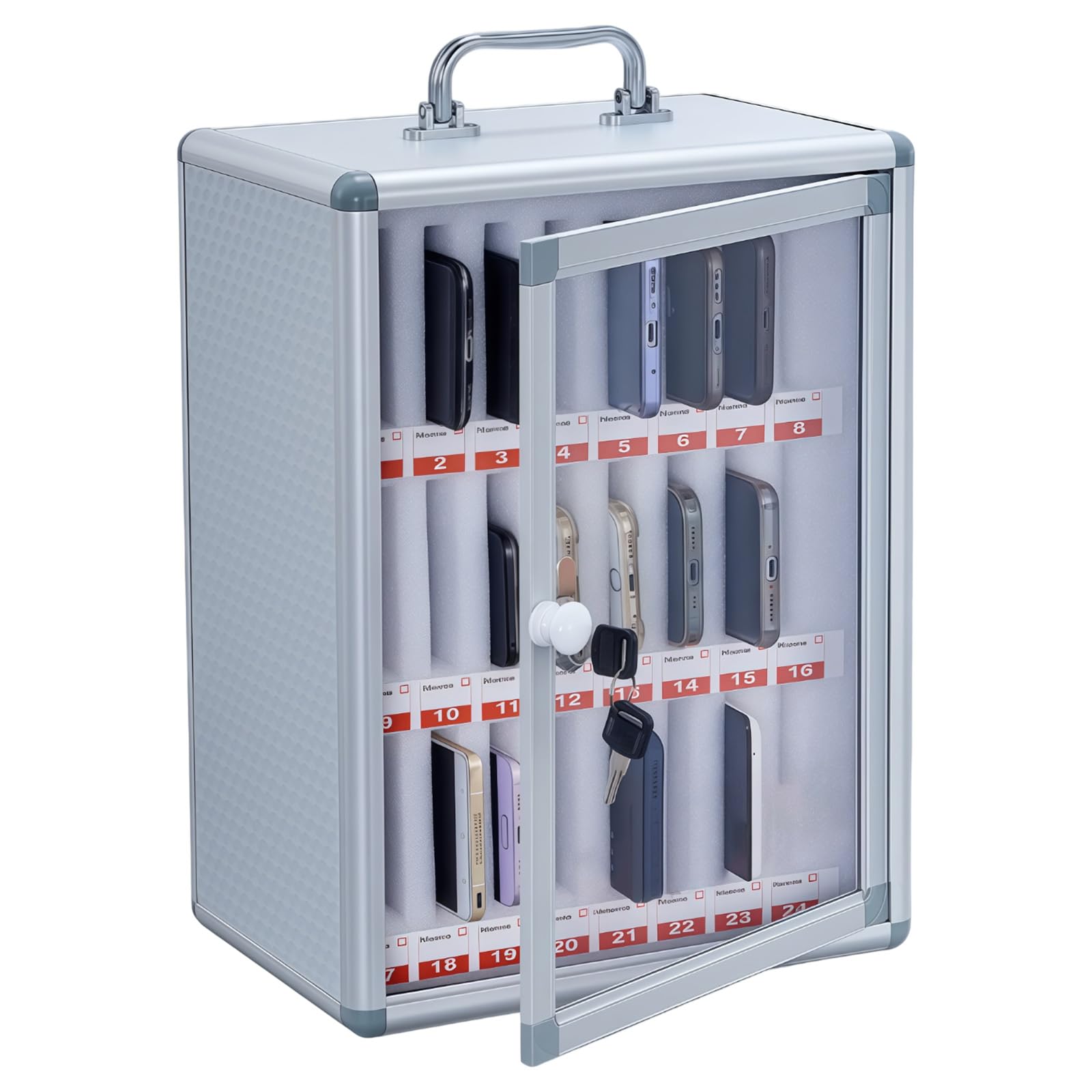 Handygarage mit Schlüssel 24 Slots 285x195x380mm Handy Aufbewahrungsschrank Tragbar wandmontierbar Silber