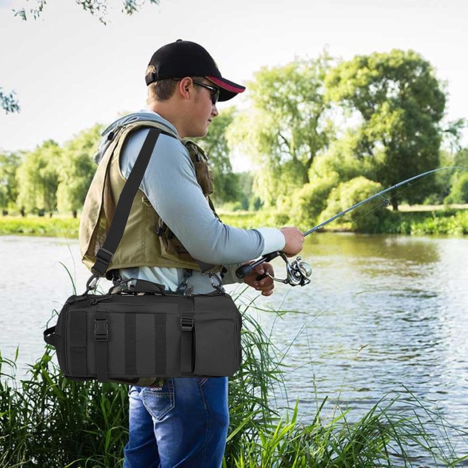 Zaino per attrezzatura da pesca, borsa per attrezzatura da pesca per | esterni con supporti per canna da pesca, grande borsa per attrezzatura da pesca, borsa da viaggio per pesca, campeggio