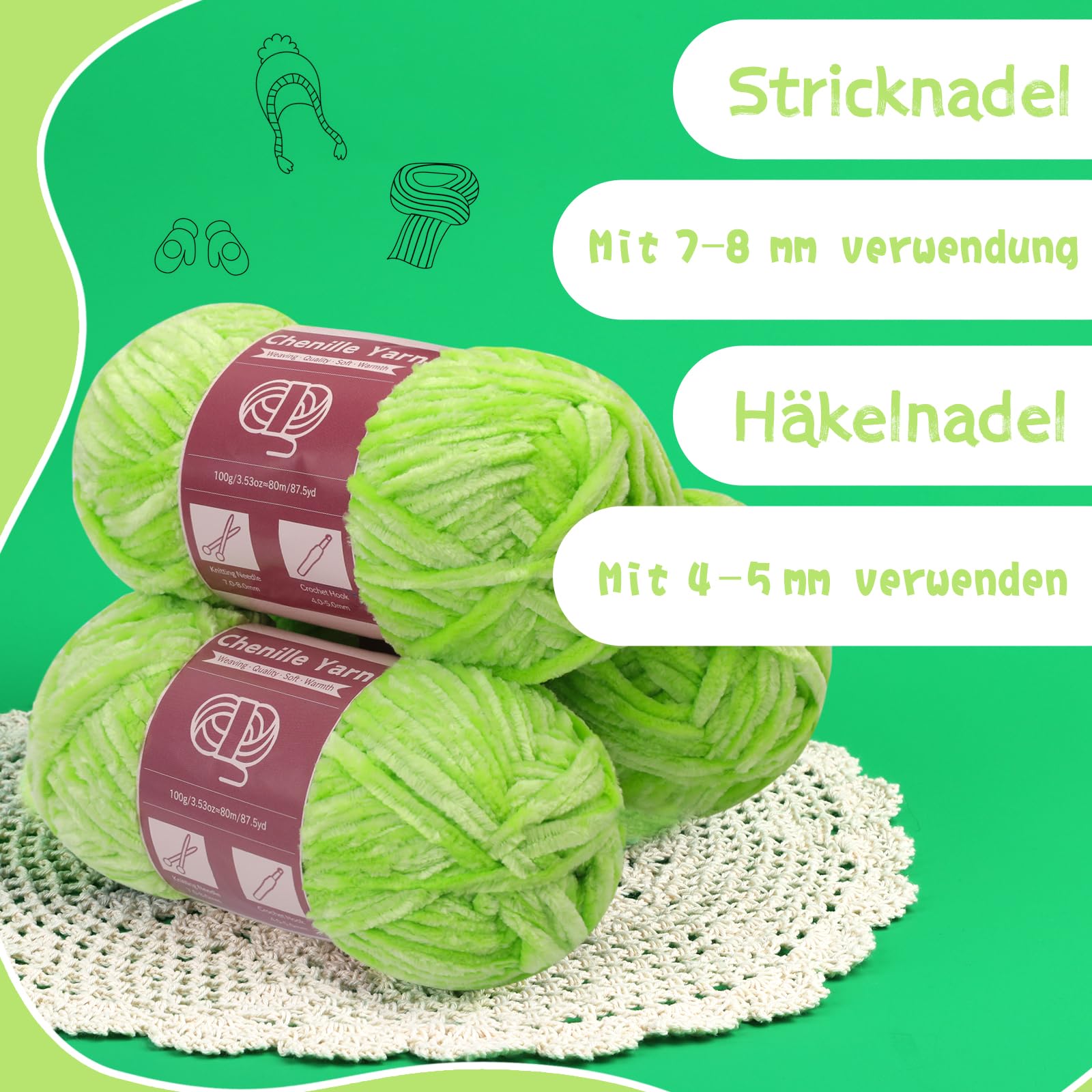 3 x 100 g (3 x 80 m) Chenillegaren, fluwelen garen voor breien en haken