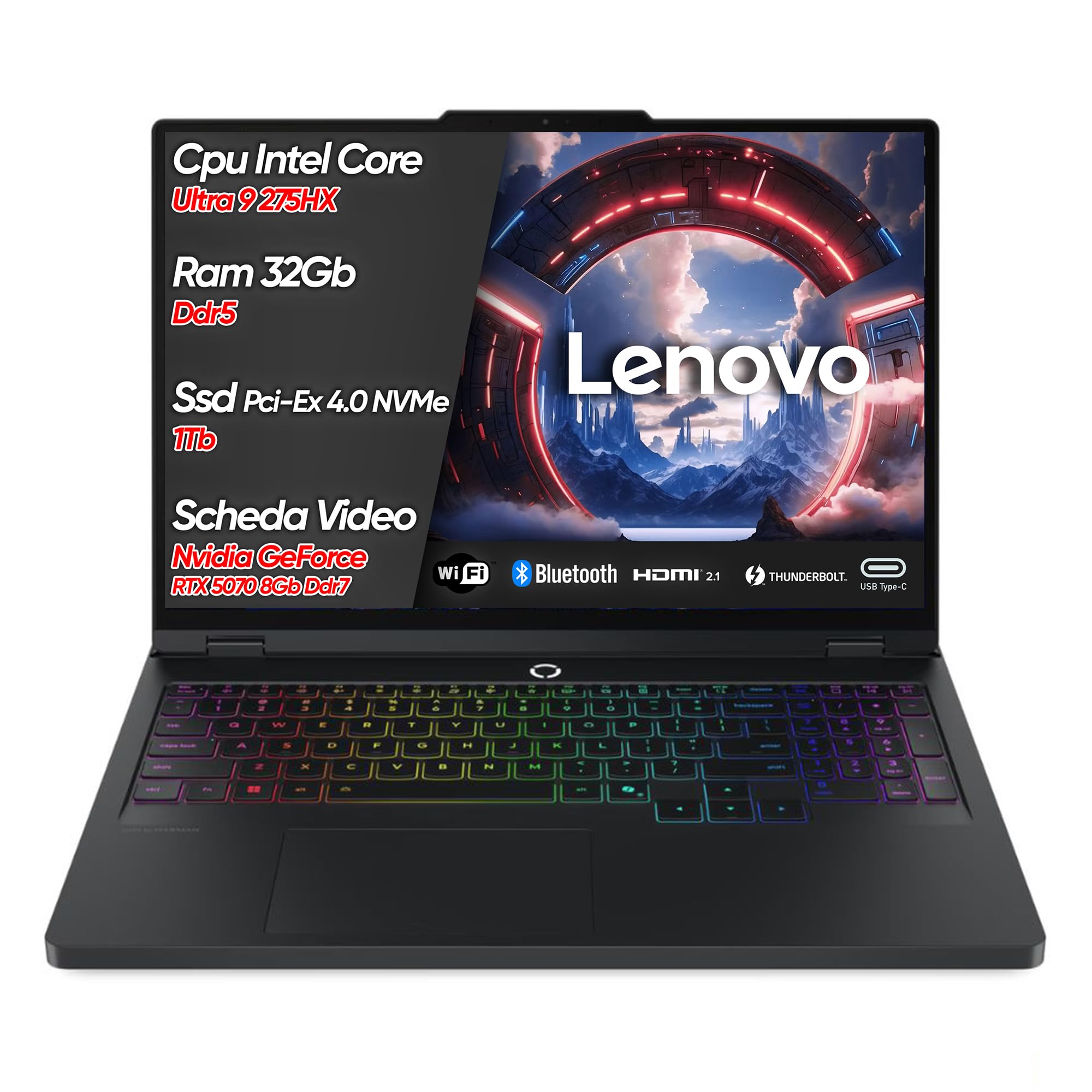 Lenovo Legion Pro 5 Pc Gaming Portatile ULTRA 9 275HX 20 Core, 32 GB RAM DDR5, GeForce RTX 5070 8GB, SSD 1TB, Notebook Gaming Oled Display 16" 165Hz,Laptop Gaming Tastiera RGB, WiFi 7, Thunderbolt 4