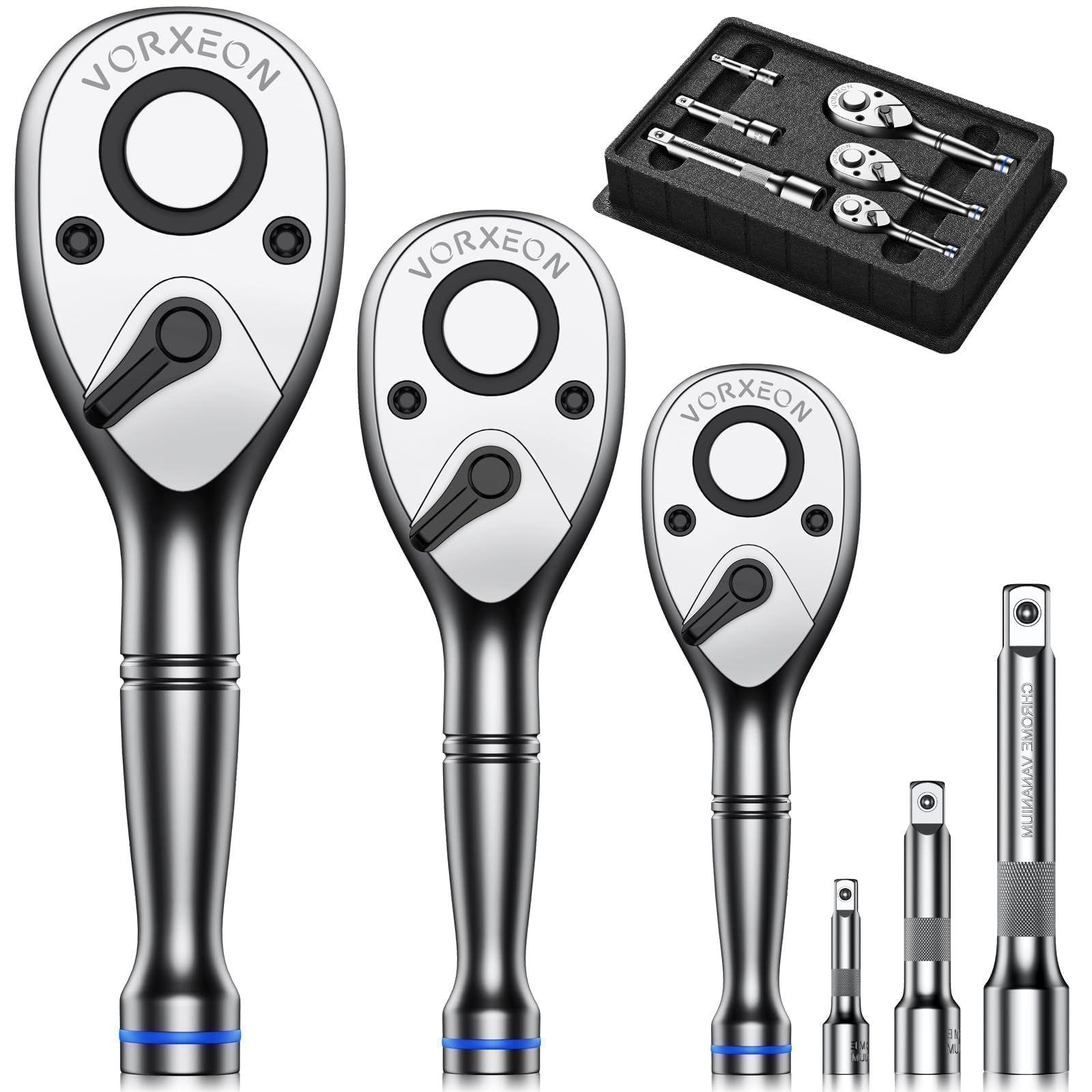 6PC Stubby Ratchet Torque Wrench Set - 1/4", 3/8", 1/2" Drive with 2", 3", 5" Bars 72T Quick-Release, CR-V Steel Compact Reversible Torque Wrench Kit for Mechanics