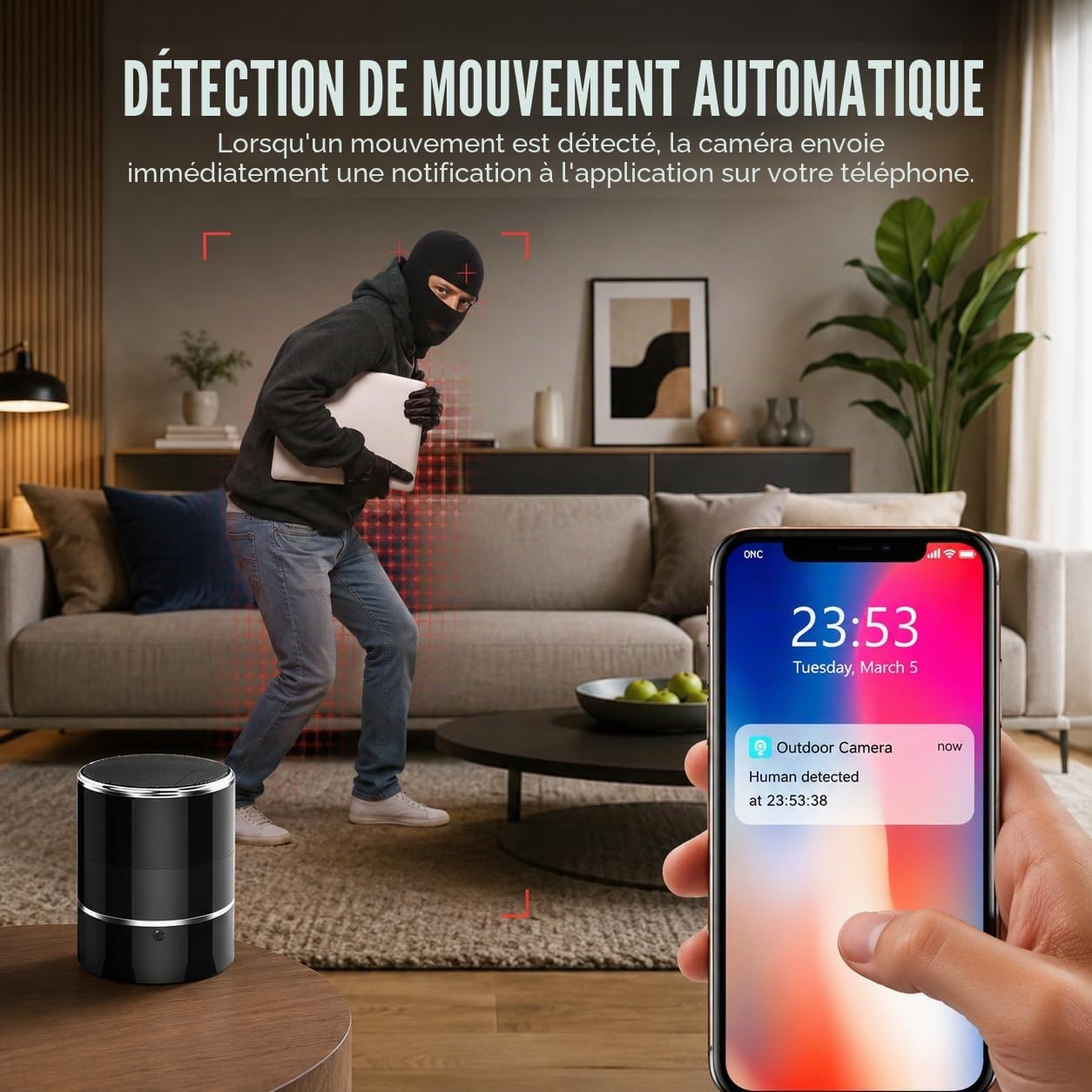 Caméra espion cachée WiFi Bluetooth haut-parleur avec objectif rotatif à 180° – Caméra de nounou sans fil HD 1080p, détection de mouvement, application de diffusion en direct pour la surveillance de