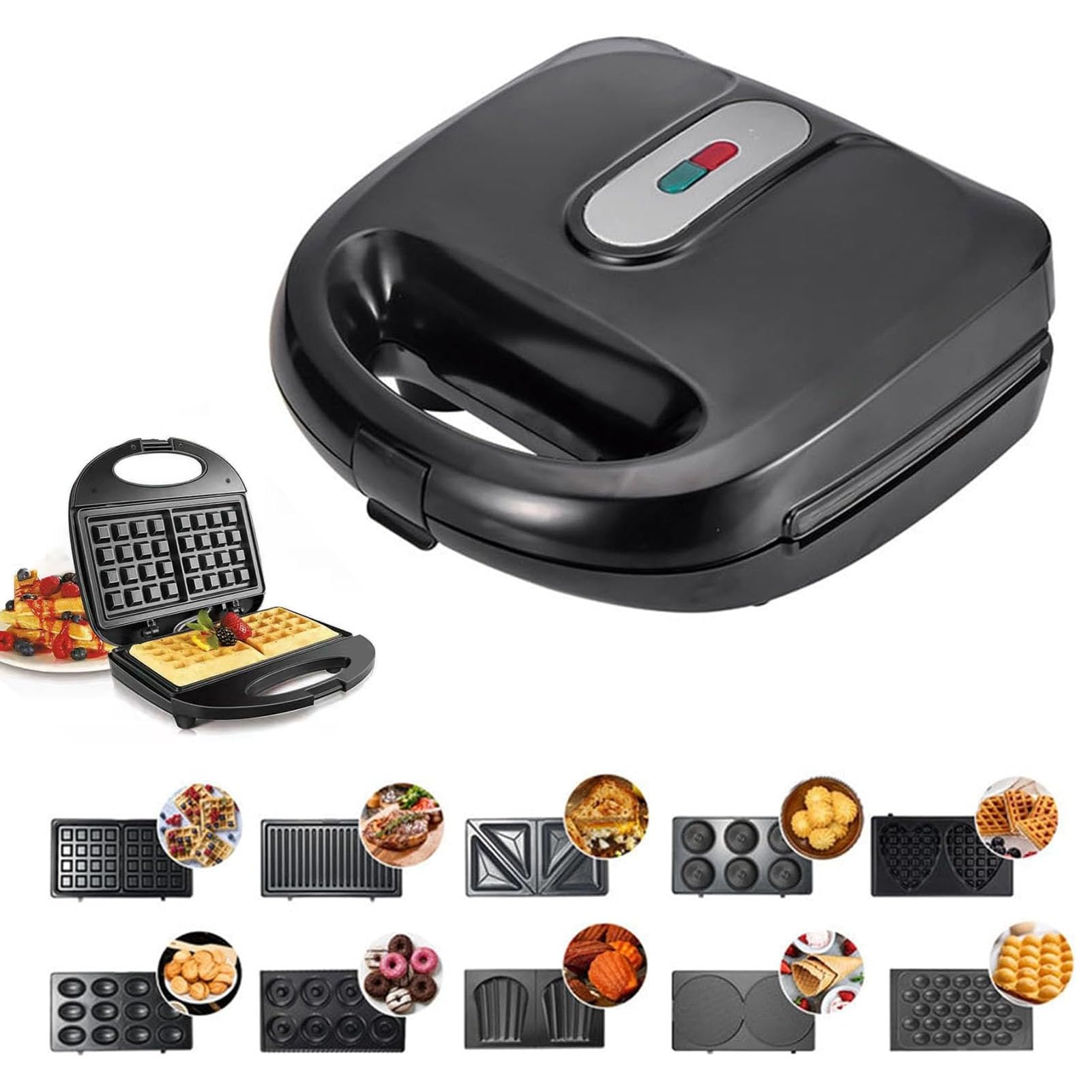 VAODO 10 in 1 Sandwich Maker Waffle Maker, with 10 Detachable Nonstick Plates, 750W Electric Panini Press Grill with Non Stick Coating, for Donuts, Madeleine, Burgers, Snacks, Roasts, Toasts, Steak