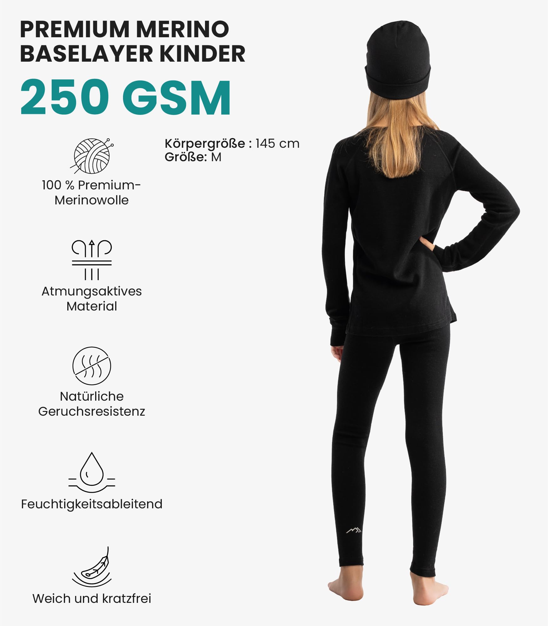 Merino.tech 100% Merino Unterwäsche Kinder Set – Thermounterwäsche Kinder für Jungen und Mädchen, Langarm, Hose, Mütze
