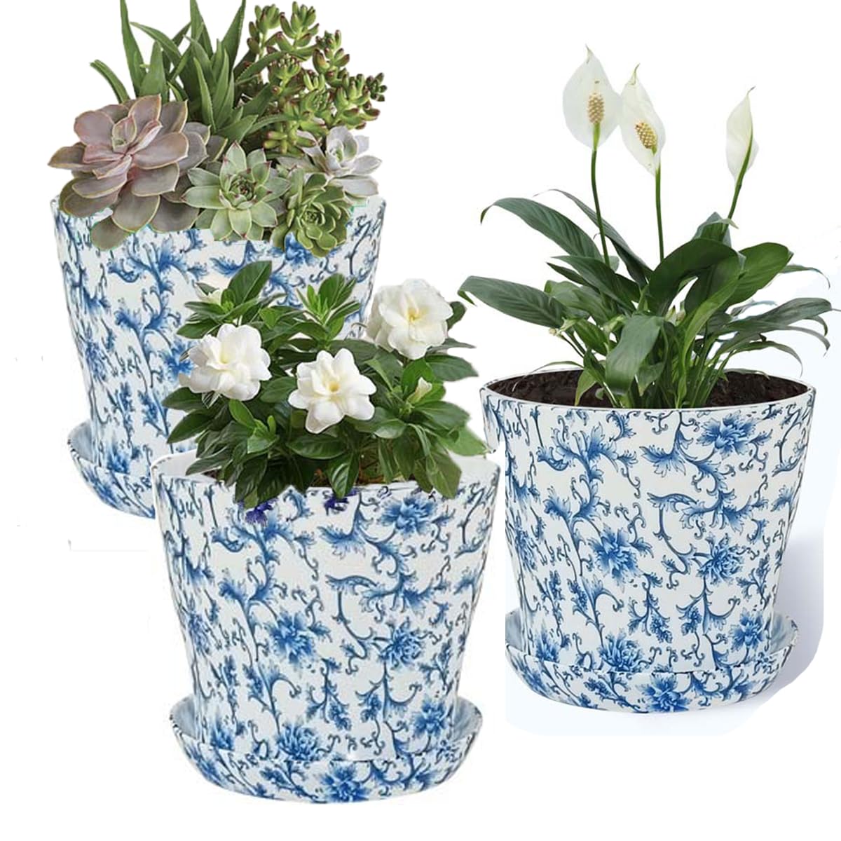 BSTMOME 3PCS Creative Blue and White Flower Pot, Round PP Plastic Planters with Drainage Hole and Trays, Retro Planter Pot for Succulents Cactus Flowers Indoor/Outdoor Garden Decor