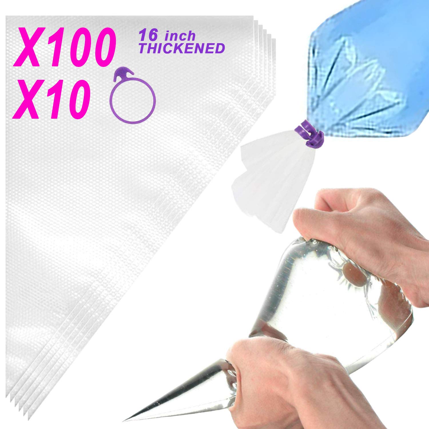 100 Pcs Thickened Pastry-Piping Bags With 10 Bag Ties, 16 Inch, Disposable Icing Bags for Cake Cupcake Decorating Cake Baking and Decorating Supplies