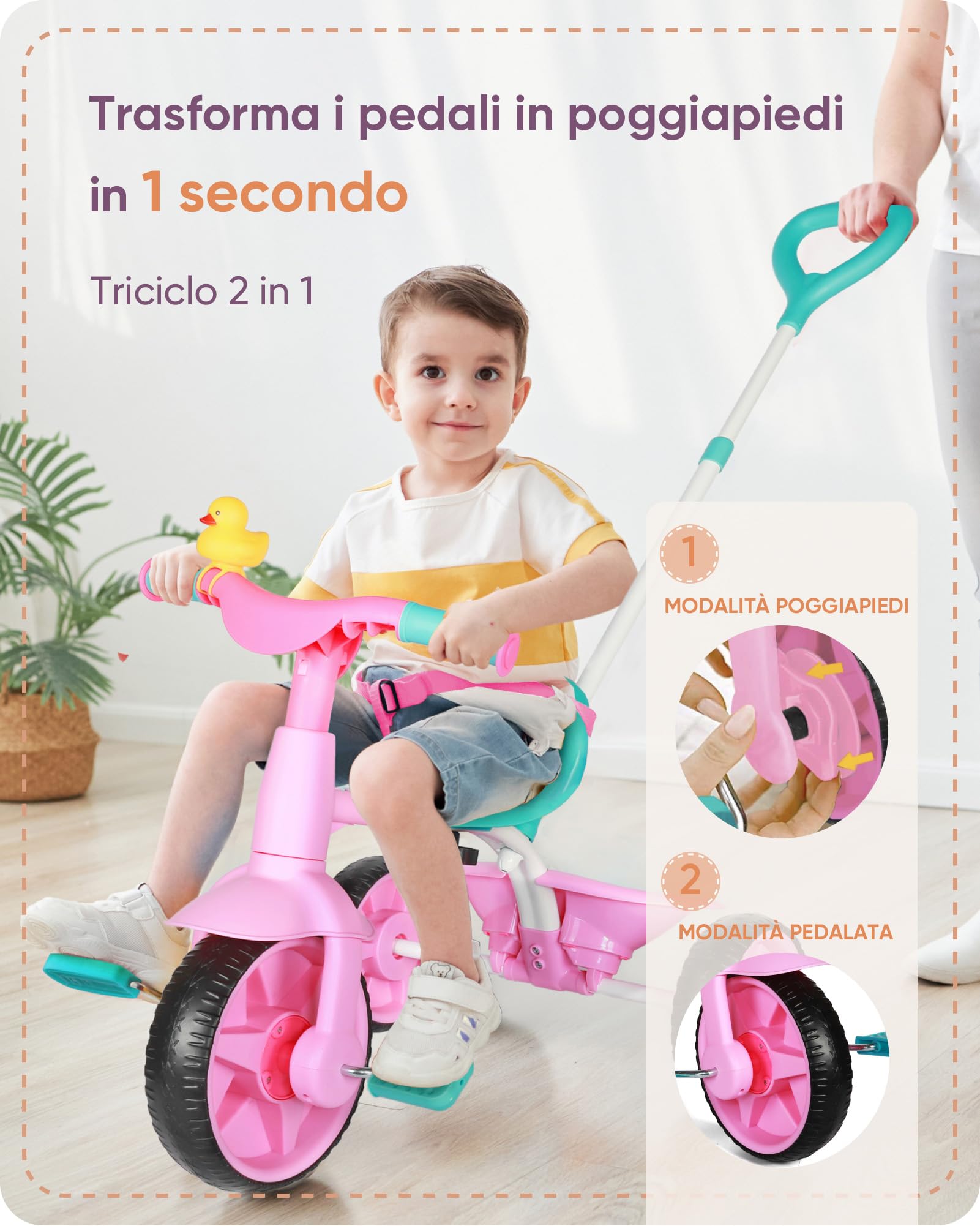 KRIDDO 2 in 1 Triciclo per Bambini da 2 a 3 Anni, Ruote EVA Aggiornate, Regalo per Bambini, Tricicli per Bambini dai 18 Mesi ai 3 Anni, con Maniglione regolabile e Campanello a Forma di Anatra, Rosa