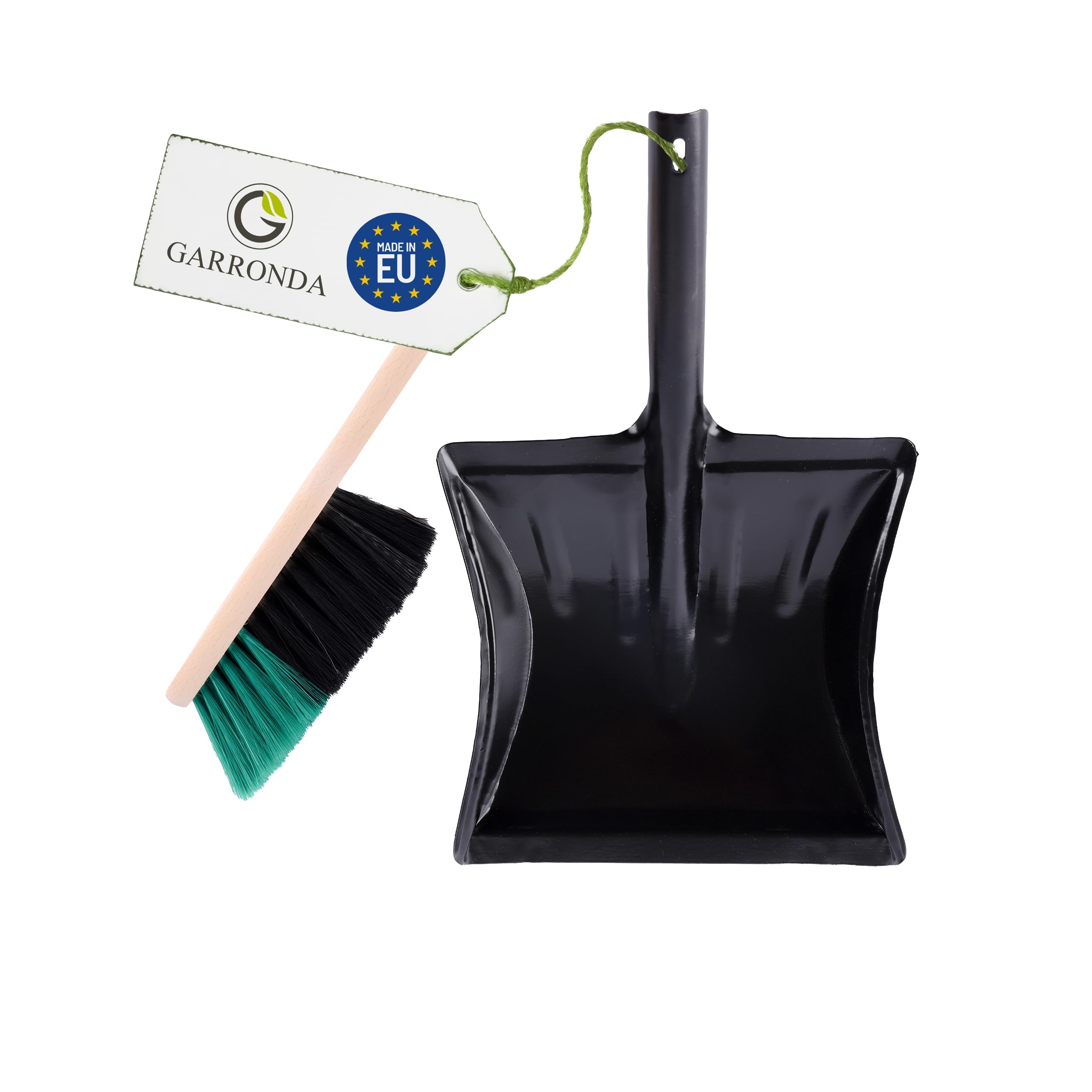 Garronda Kehrschaufel Set mit komplett aus Metall gefertigter Schaufel und Handfeger aus Holz und Synthetik Kehrbesen für Haushalt GD-0172 (Schwarz/Grün + Schwarz)