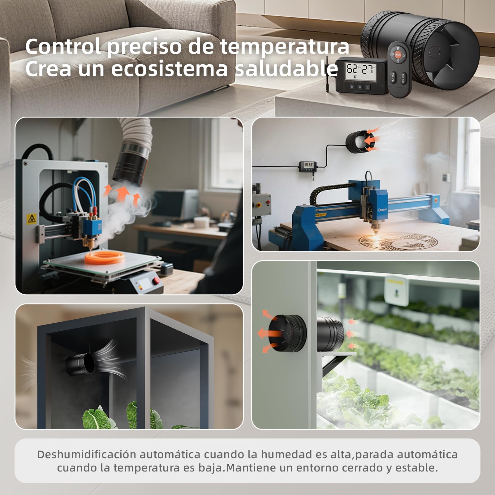 MOCINE Ventilador en línea Ø100 mm con 6 velocidades, sensor de temperatura y humedad, mando a distancia, encendido/apagado automático, funcionamiento silencioso, ideal para sótanos