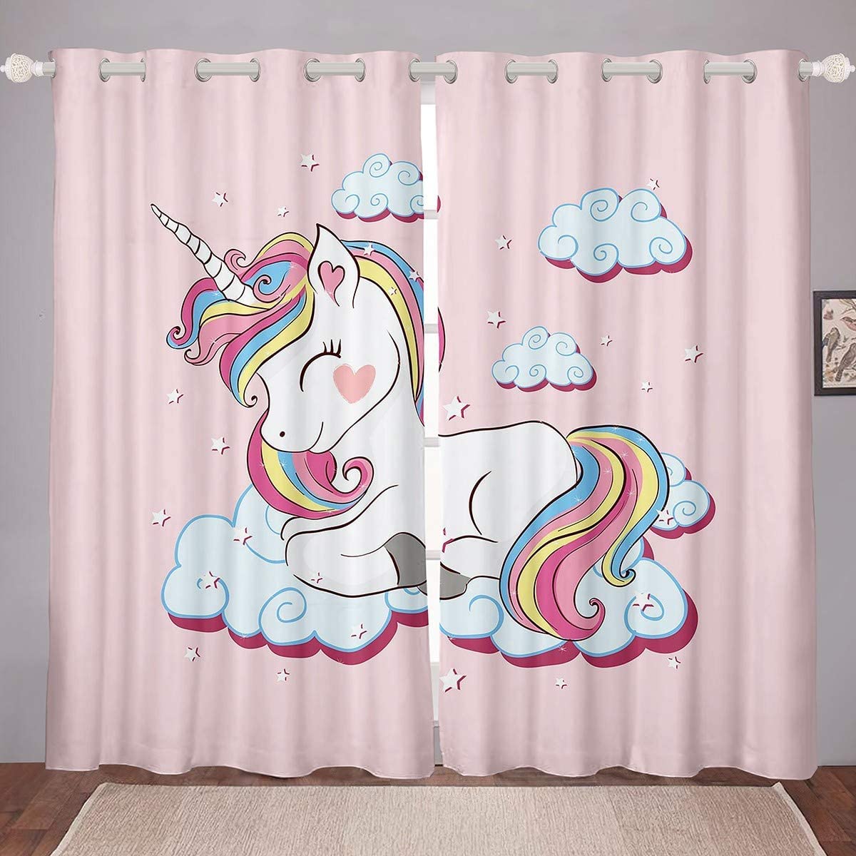 Homemissing Girly Unicorn Window Treatments Fantasy Unicorn Themed Curtains For Kids Girls Children Magical Animal Window Drapes Fairy Cartoon Pattern Curtains,W46*L72