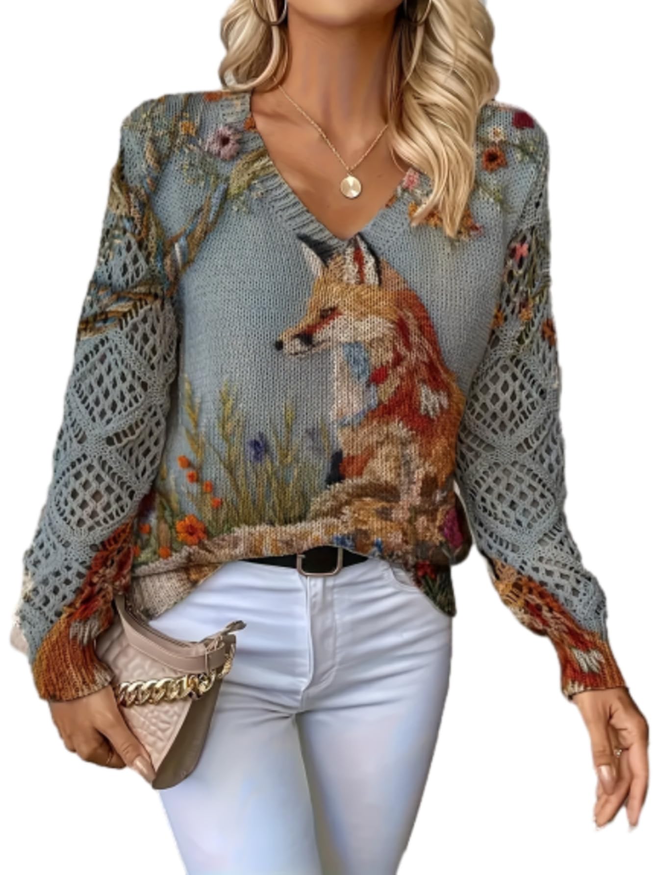 OSCORP Womens Ugly Christmas Sweater - Cute V Neck Loose Knit Pullover Tunic Top Long Sleeve Graphic Holiday