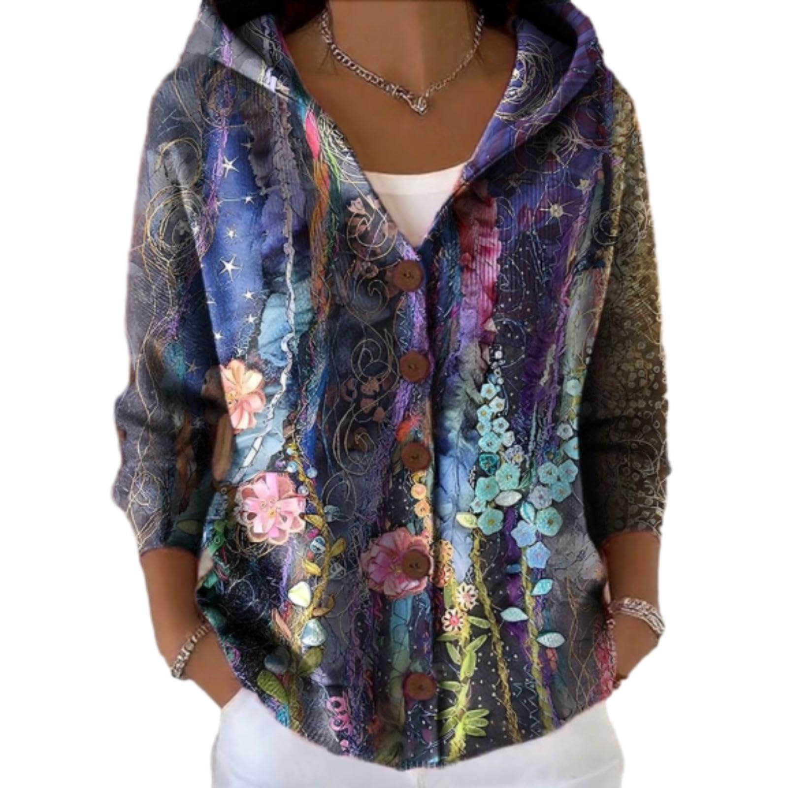 Womens Boho Floral Knit Cardigan Sweater Vintage Ethnic Print V Neck Hooded Button Down Fall Oversized Chunky Sweater