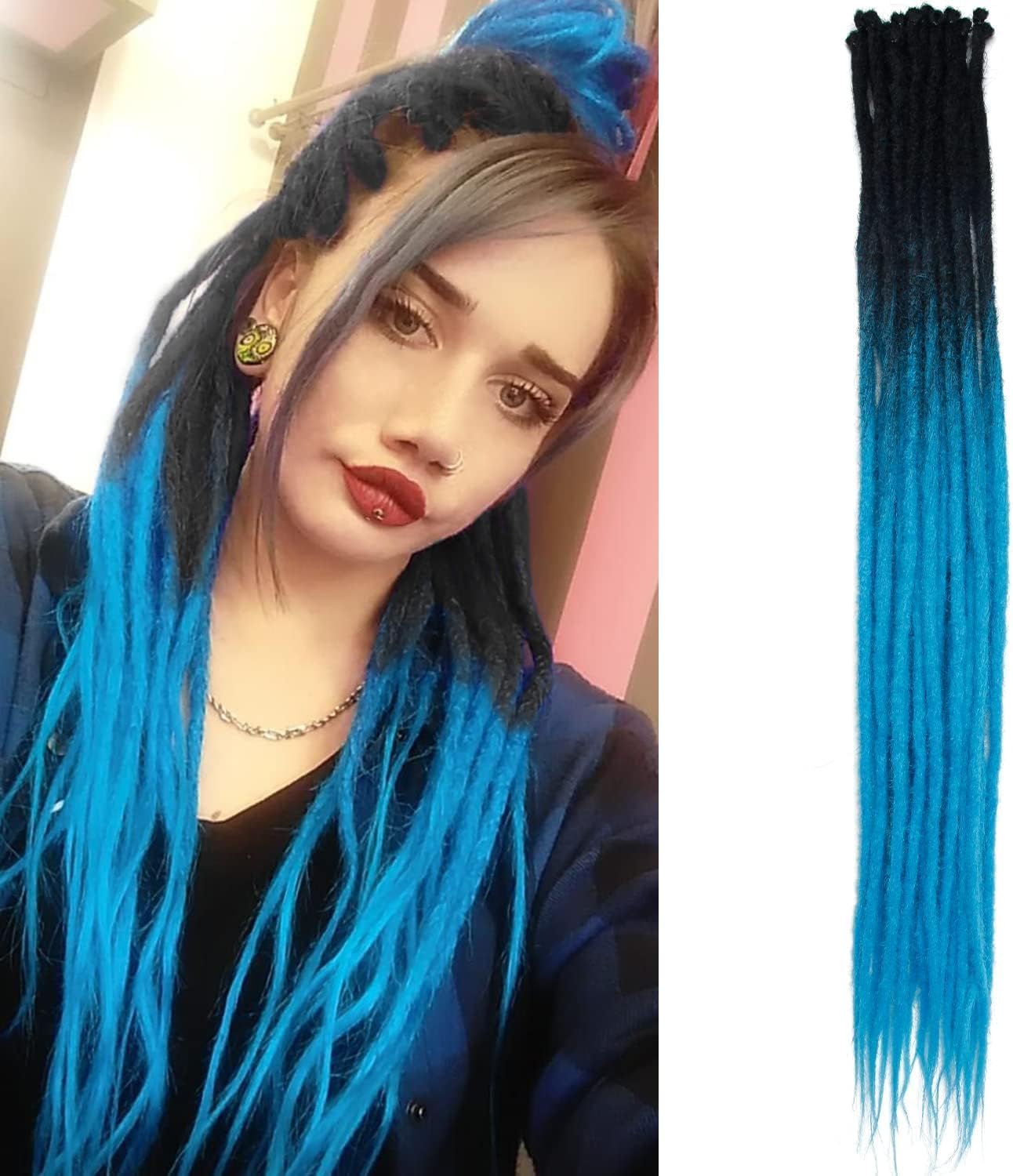 FLUSHIA Dreadlock Extensions Thin 0.6cm Synthetic Dreadlock Handmade Dreadlock Extensions 12 Strands Ombre Single Ended Dreads 36 Inch Synthetic Crochet Hair Soft Loc Braids Hip-Hop Style Extensions for Women Men (1BBLUE1#)