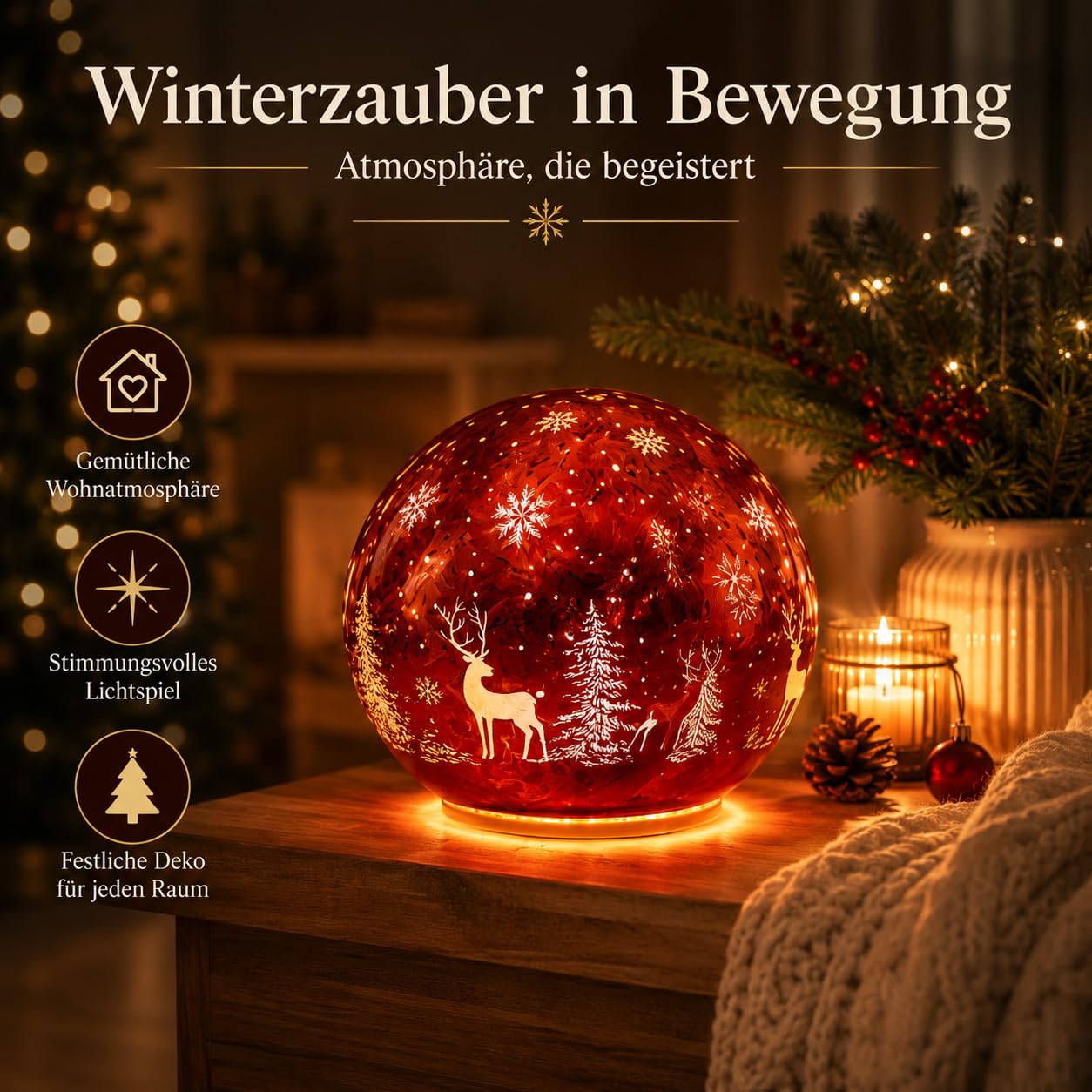 formano Dekoracyjna kula LED, obracana 20 cm, z timerem, motyw jelenia