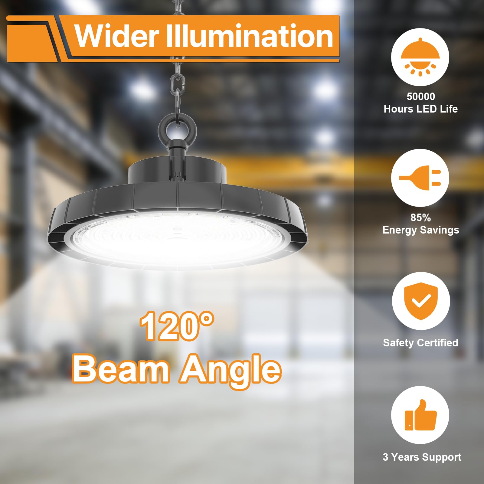 UFO LED High Bay Light 150W 5000K Led Shop Lights 21000LM IP65 AC100-277V with US Plug 5 Cable — view 3