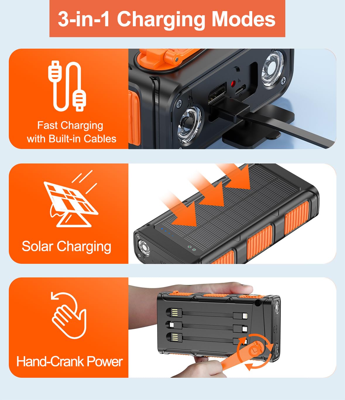 Cargador Solar Power Bank 30000mah Carga Rápida Batería Externa Inalámbrica con 3 Cables de Carga Integrados para Teléfono Tabletas