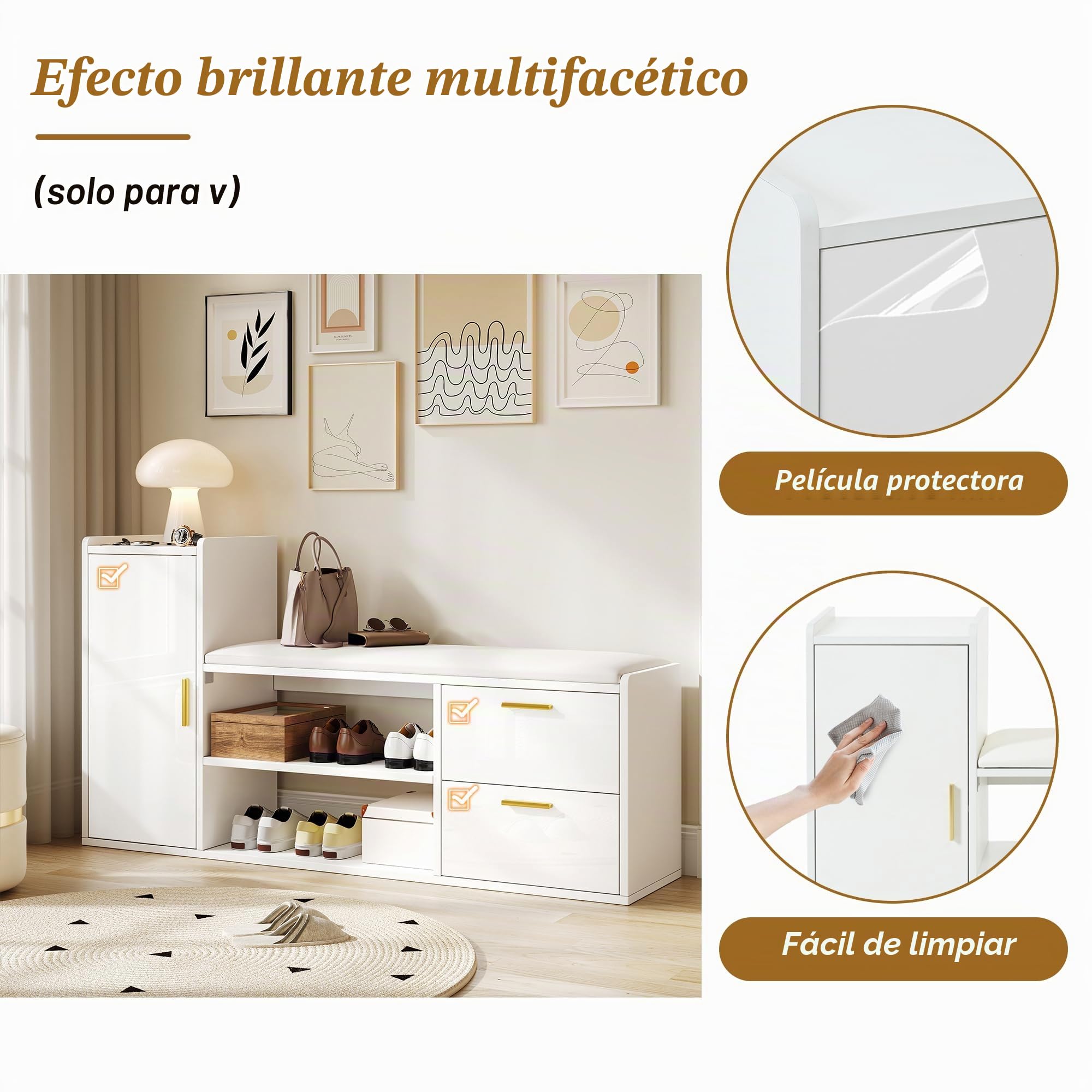 128 x 30 x 68 cm, zapatero con 2 cajones, 1 armario, bancos con acolchado y espacio de almacenamiento, adecuado para salón, pasillo, oficina, color blanco