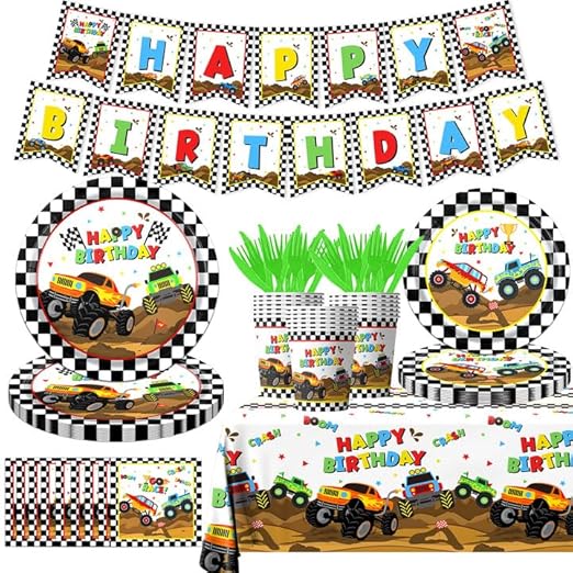 Monster Truck Party Supplies,Monster Machine Happy Birthday Checkered Tableware Sets Include Monster Trucks Theme Party Paper Plate Napkins for Monster Truck Birthday Party Decorations