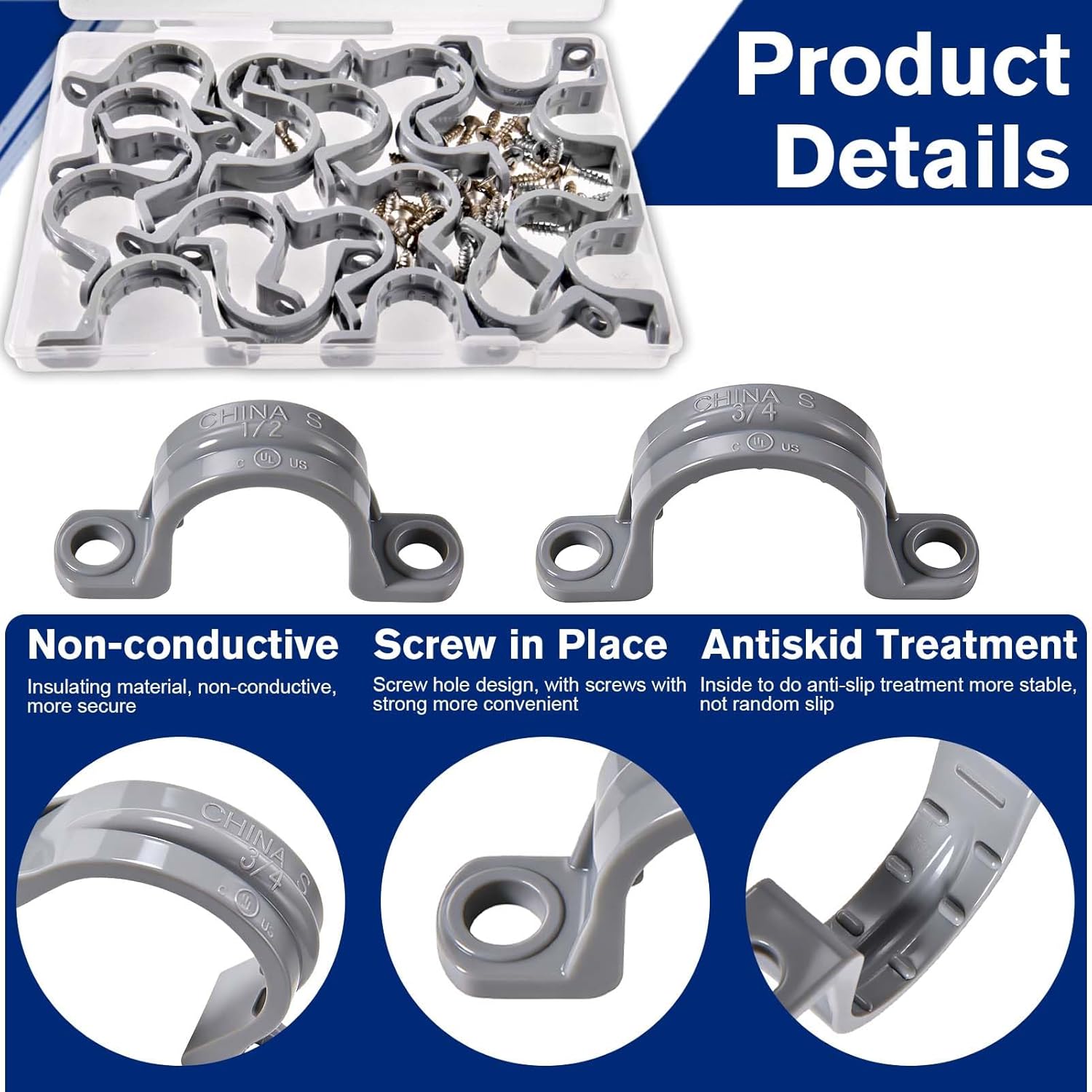 20PCS Pipe Clamps 3/4 Inch and 1/2 Inch PVC Pipe Straps Two Hole Plastic Clamps Plastic Conduit with Screws & Storage Box Easy Installation for Conduit, Wire, Cable, Wall Mount