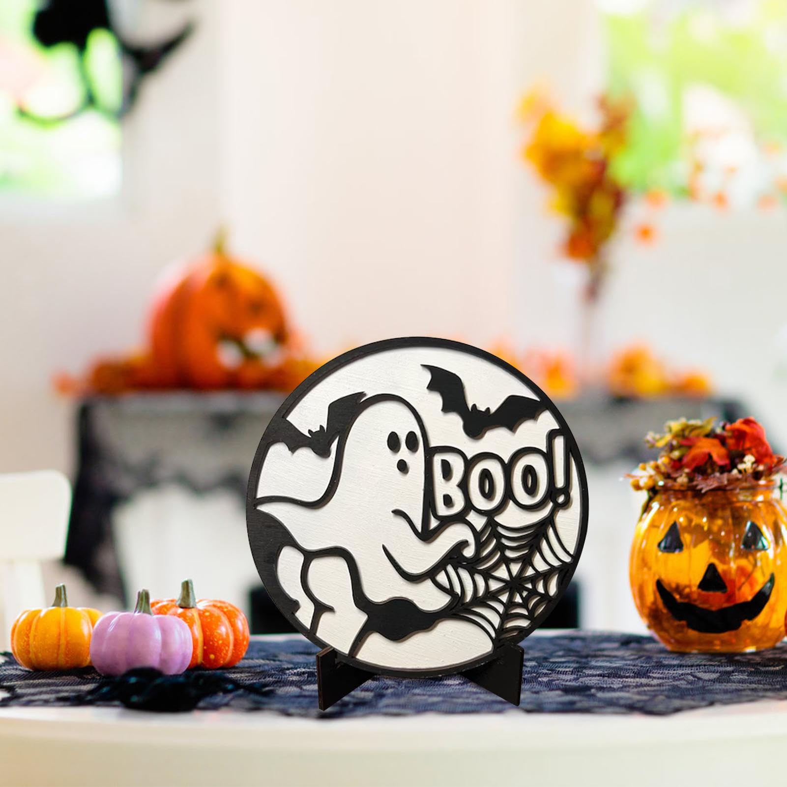 Set Di 3 Decorazioni Fantasma In Legno Per Halloween: Con Scritta BOO, SPOOKY, HAUNTED E Fiocco Di Iuta - 2