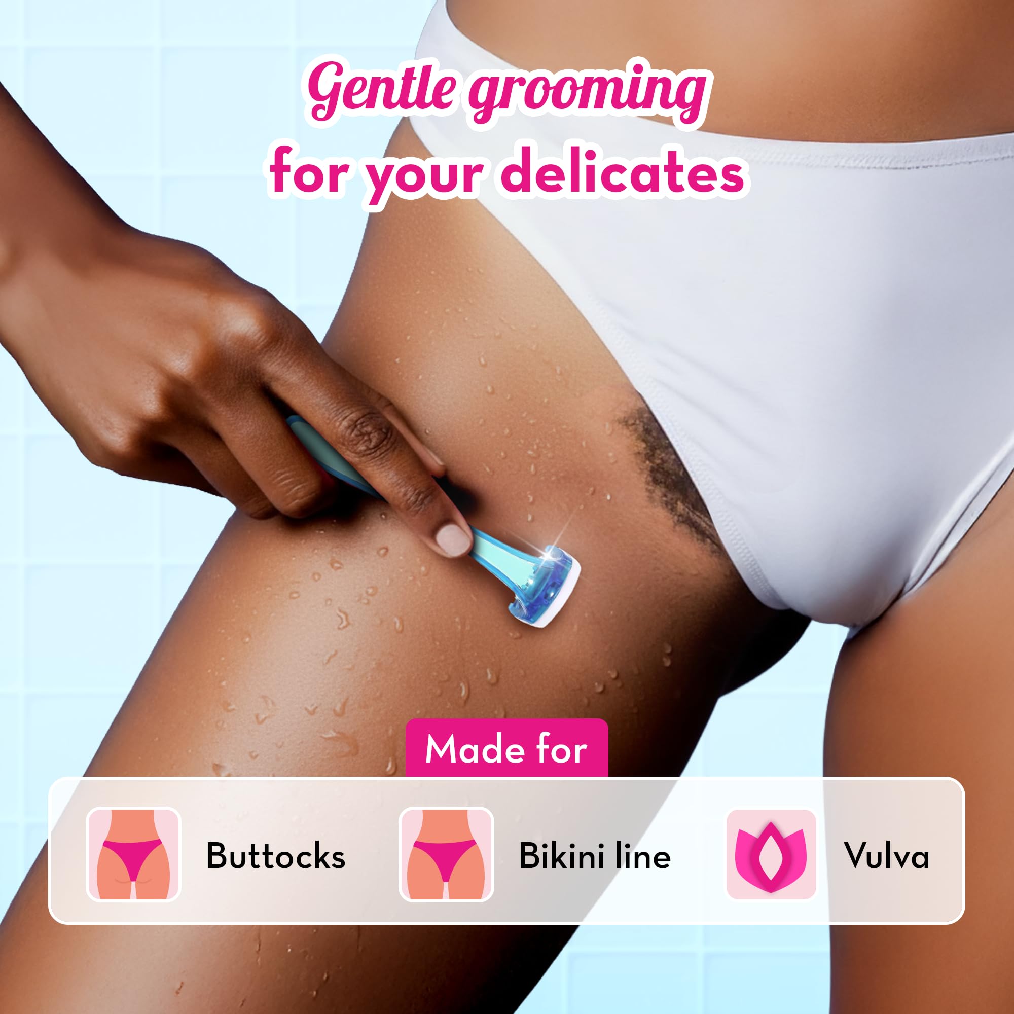 Plush Reusable Bikini Razor for Women (2 Pcs) | Best Razor for Shaving Private Parts & Pubic Area | German Precision Blades, Lubricating Strips & Safety Comb for 1-Stroke Shave | No Bumps, No Cuts