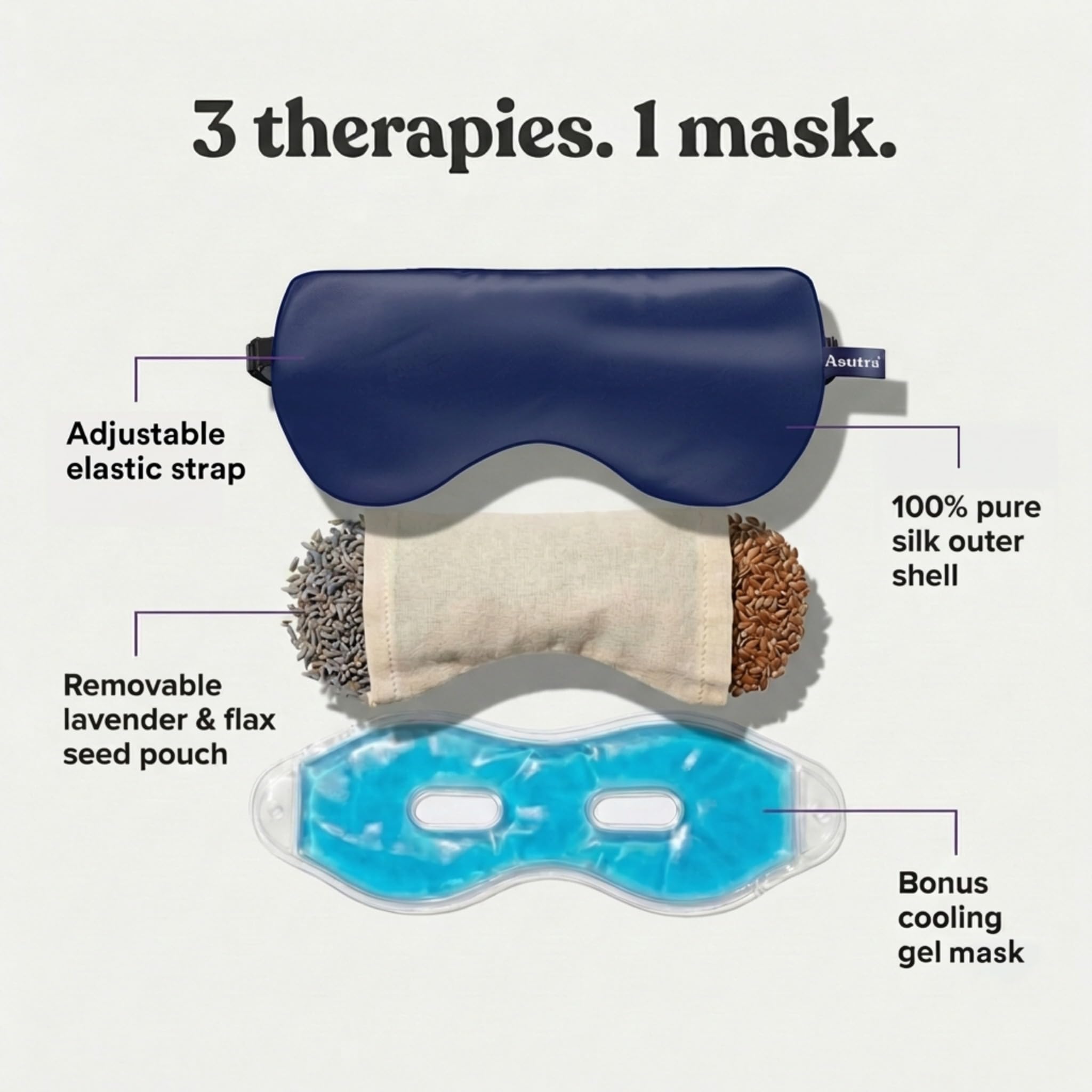 ASUTRA Silk Eye Pillow for Sleep, Navy - Filled w/Lavender Buds & Flax Seeds, Weighted Eye Mask, Meditation & Light Blocking Blindfold, Cooling Gel Mask Included