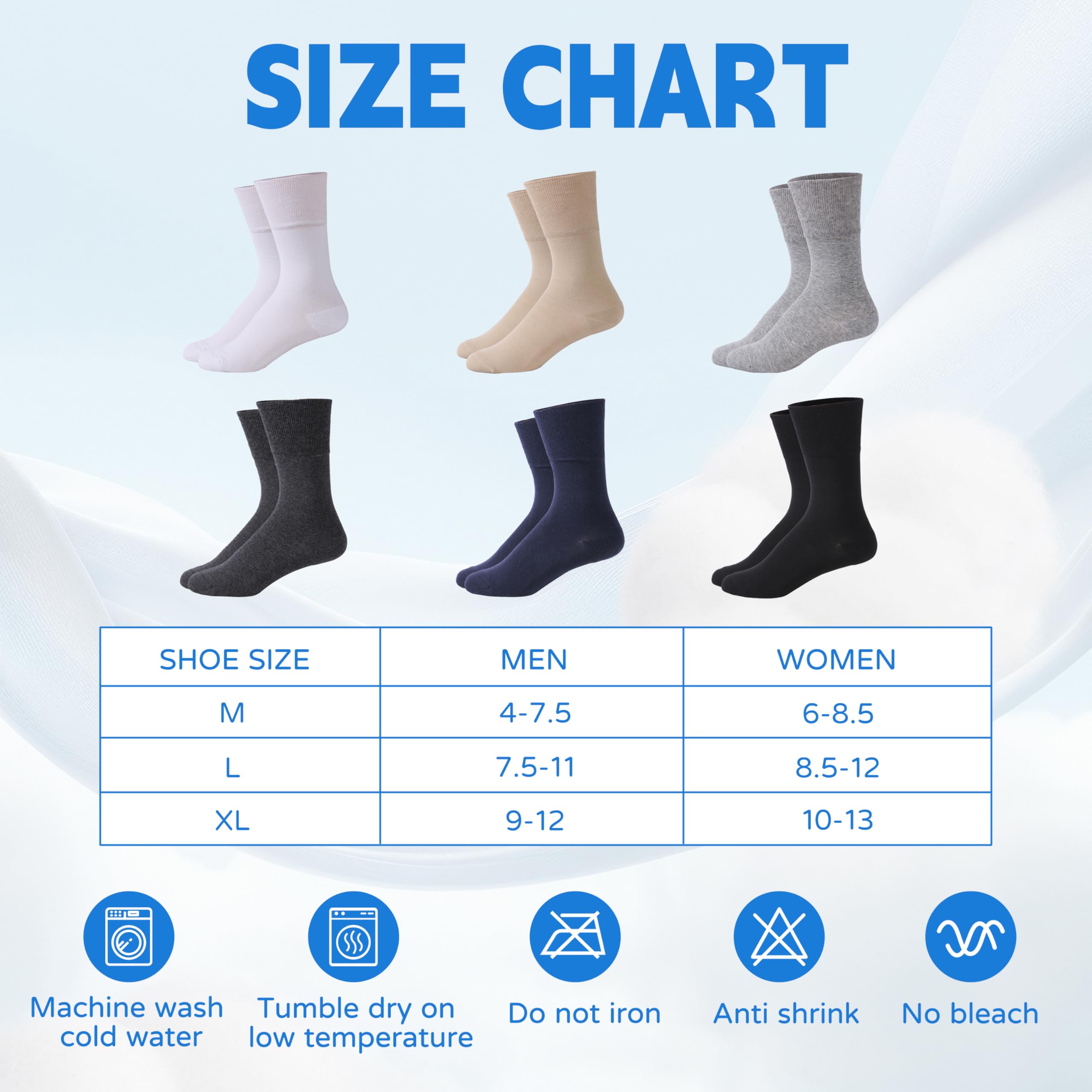 Forcool Calcetines para diabéticos de algodón sin ataduras para hombres y mujeres, M/L/XL, 3/6 pares