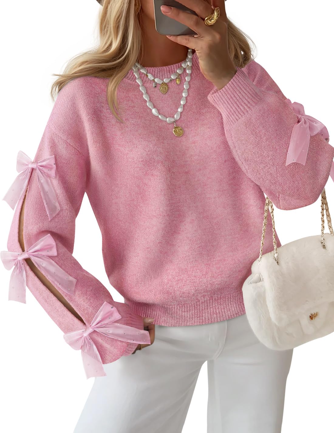 ZESICA Womens Oversized Bow Sweaters Fall 2026 Cute Crewneck Long Sleeve Knit Pullover Sweater Jumper Tops