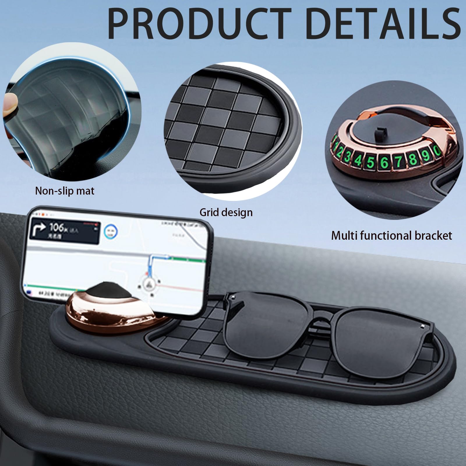 Tappetino antiscivolo per auto Cruscotto Console centrale Tappetino antiscivolo per cruscotto con supporto per telefono Tappetino per chiavi in PVC con rotazione a 360 gradi  34