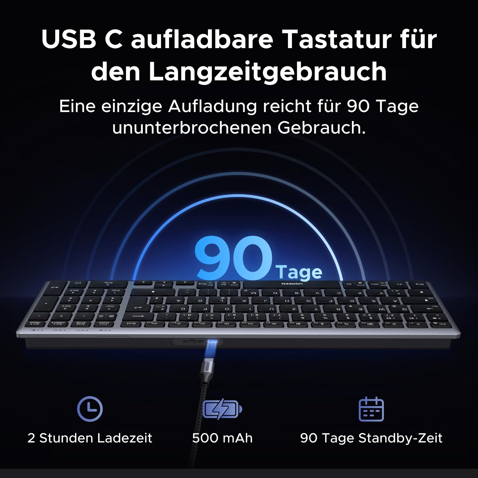 UGREEN Bluetooth Wireless Keyboard (BT5.4+2.4G), Ultra Slim Scissor Keyboard, Rechargeable Keyboard with 3 Channels, Compatible with Windows/macOS/Android QWERTZ Layout - 5