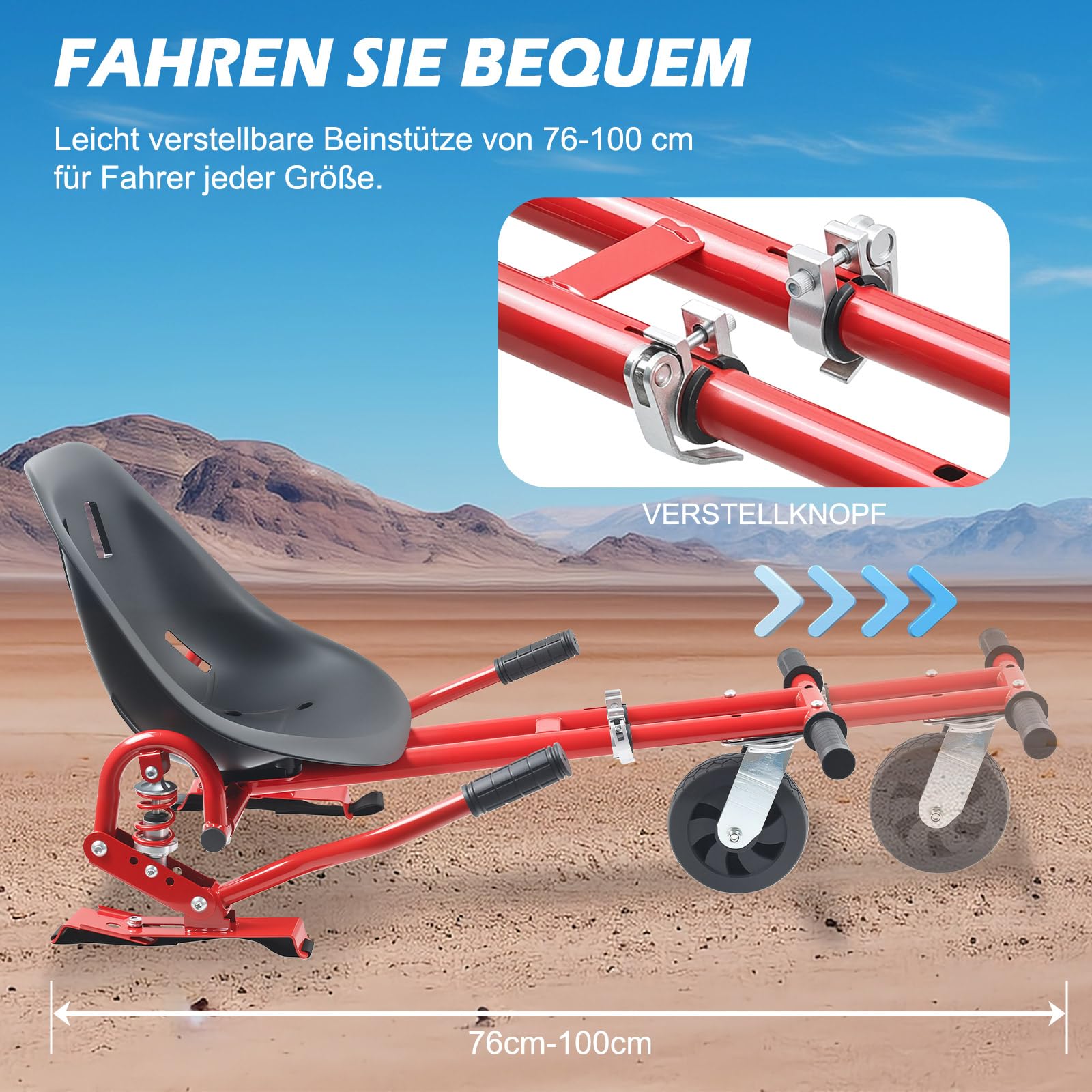 Hoverkart siedzisko Hoverkart do uniwersalnej hulajnogi z innowacyjnym zawieszeniem, amortyzatory wypełnione powietrzem opony przednie, Hovercart regulowany uchwyt