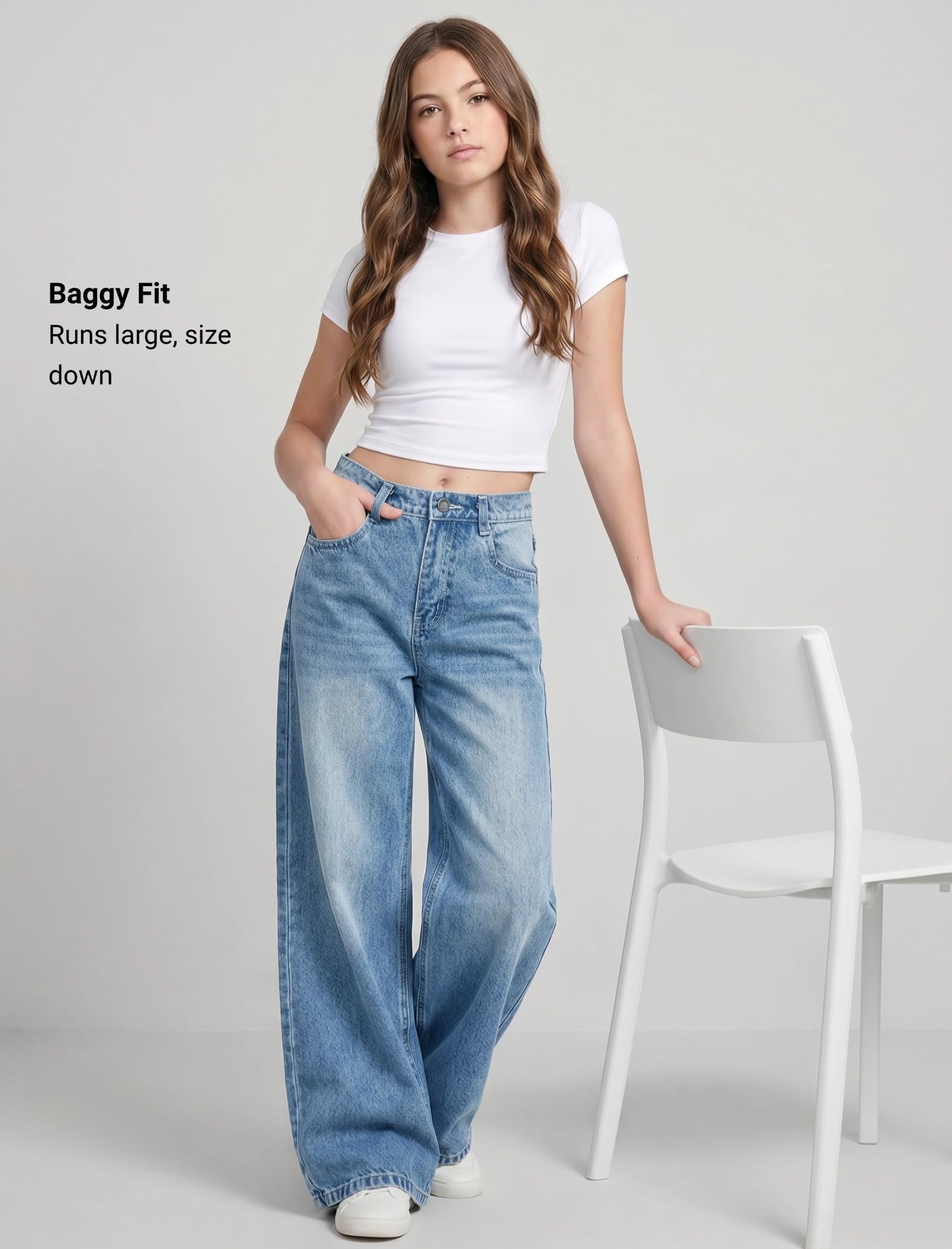 EXARUS Jeans da ragazza larghi gamba larga carino teen tween pantaloni lunghi in denim vestiti alti junior elastico tasche