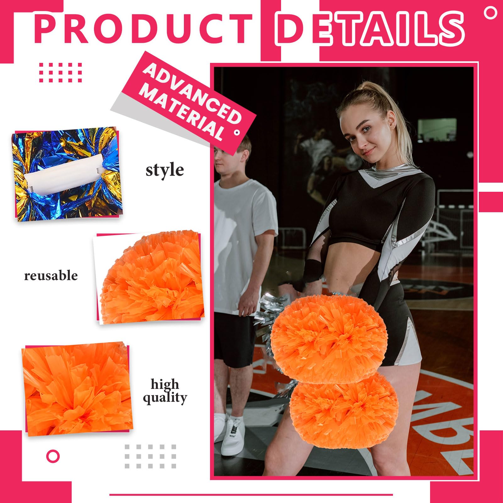 Lot de 20 pompons de 35 cm, pour entraînement sportif, danse, équipe, avec poignée. (Couleur orange)