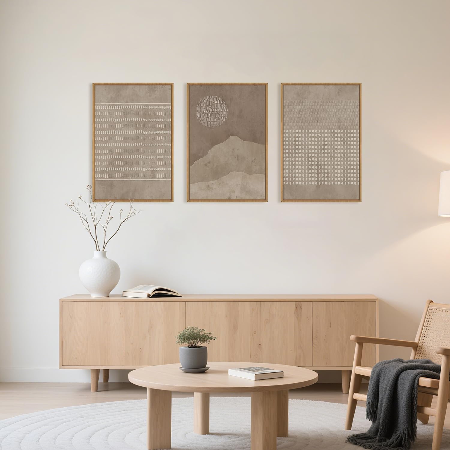 (1 pcs)large mid century tan and beige framed canvas wall art,neutral lines dots wall decor,abstract sunset and mountain artwork,boho textured shapes art print for living room,bedroom,office-24\\\"x36\\\"neutral dot wall art 24\\\"l x 36\\\"w