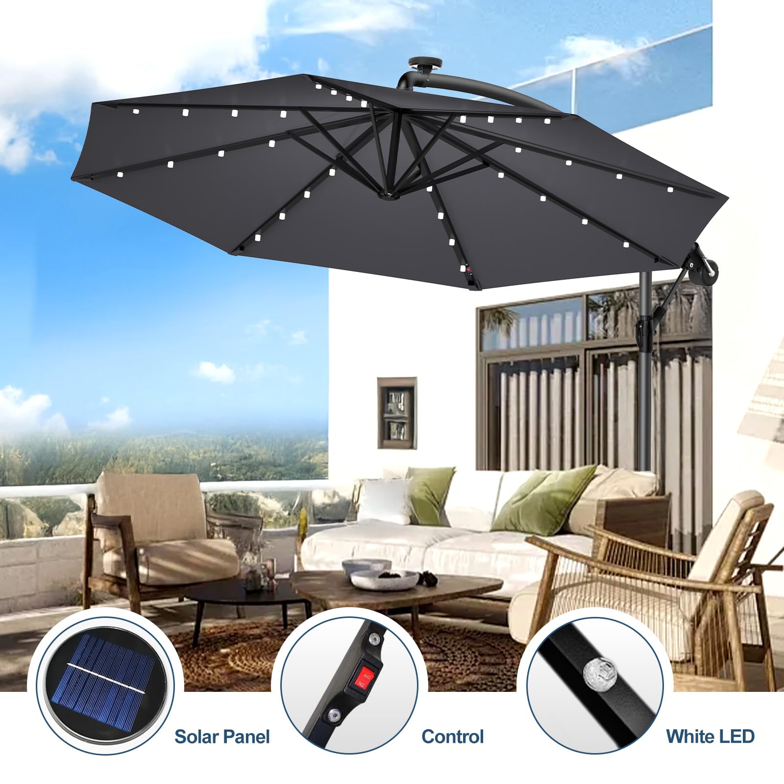 Ampelschirm 300-350cm – 360° drehbarer Kurbelschirm mit UV40+ & wasserabweisend, wahlweise mit oder ohne Solar-LED, inklusive Kreuzbasis für Garten & Terrasse