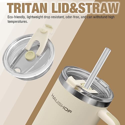 Miniatura 7 de HAUSHOF Vaso de 40 onzas con asa y pajita, vaso de café aislado de acero inoxidable con tapa Tritan, taza de viaje de doble pared, botella de agua,