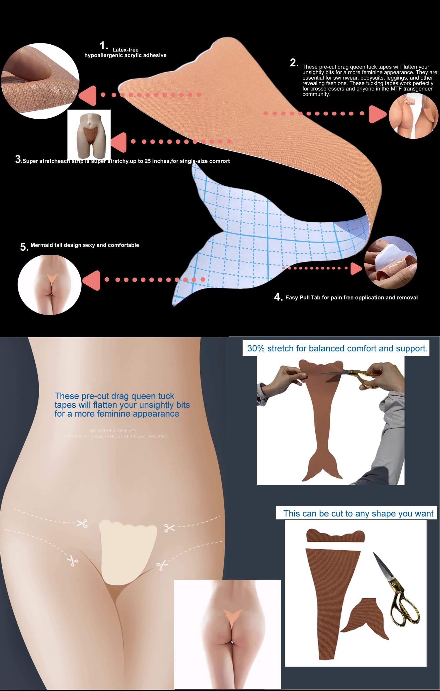 BIMEI Mermaid Tucking Tape Self Adhesive Kit Pre-Cut Fit Transgender Invisible Briefs C-Shaped Panties Frauen