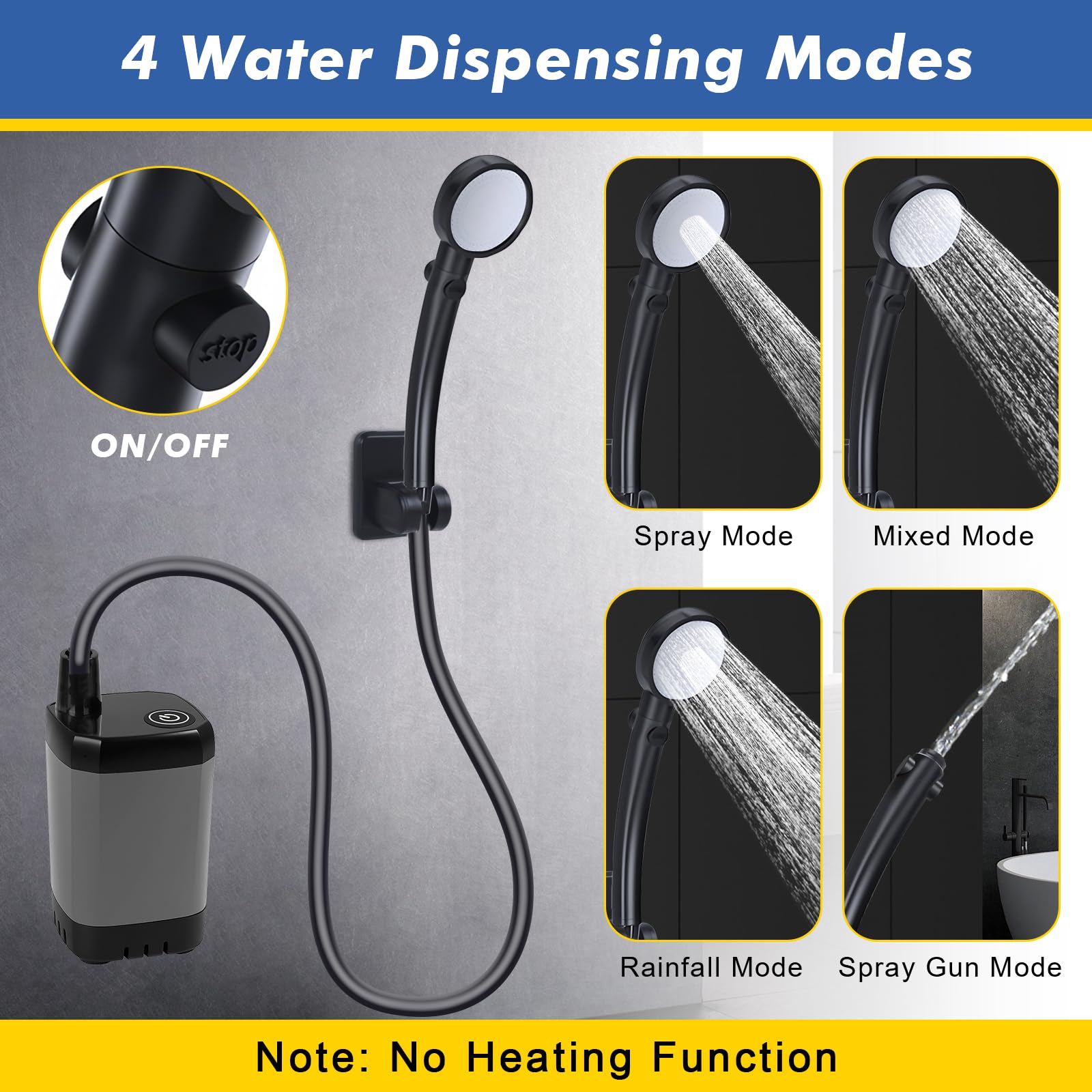 Fohil Douche portable pour camping, 6000 mAh, rechargeable avec affichage numérique, pompe de camping étanche IPX7 pour camping, plage, randonnée, voyage, nettoyage des animaux domestiques