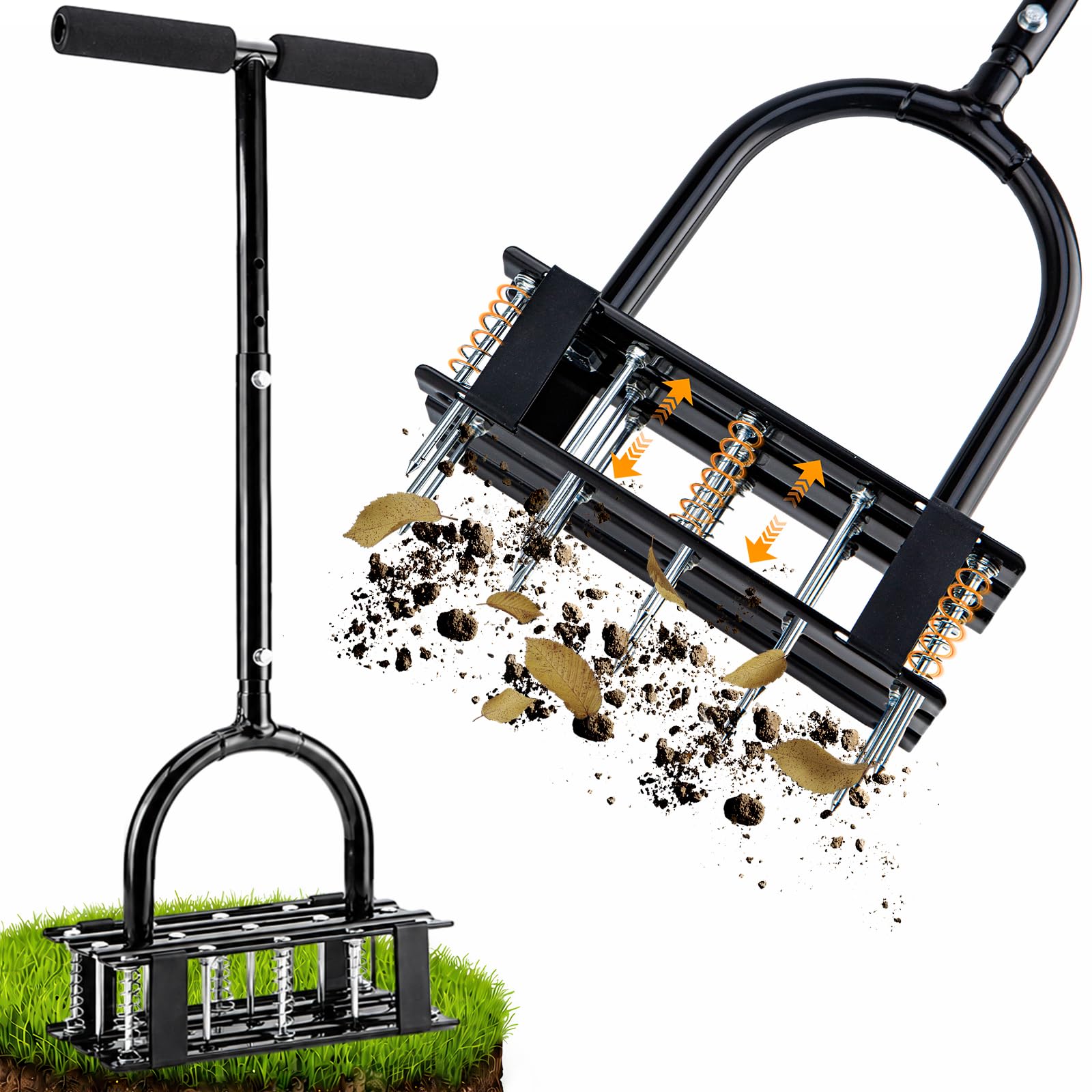 Lawn Aerator - 2-in-1 Manual Aerator with Automatic Dirt and Leaf Clean, Heavy-Duty Reinforced 15 Spikes &amp; Ergonomic T-Handle for Lawn Maintenance, Garden Care, Yard Work (Black)