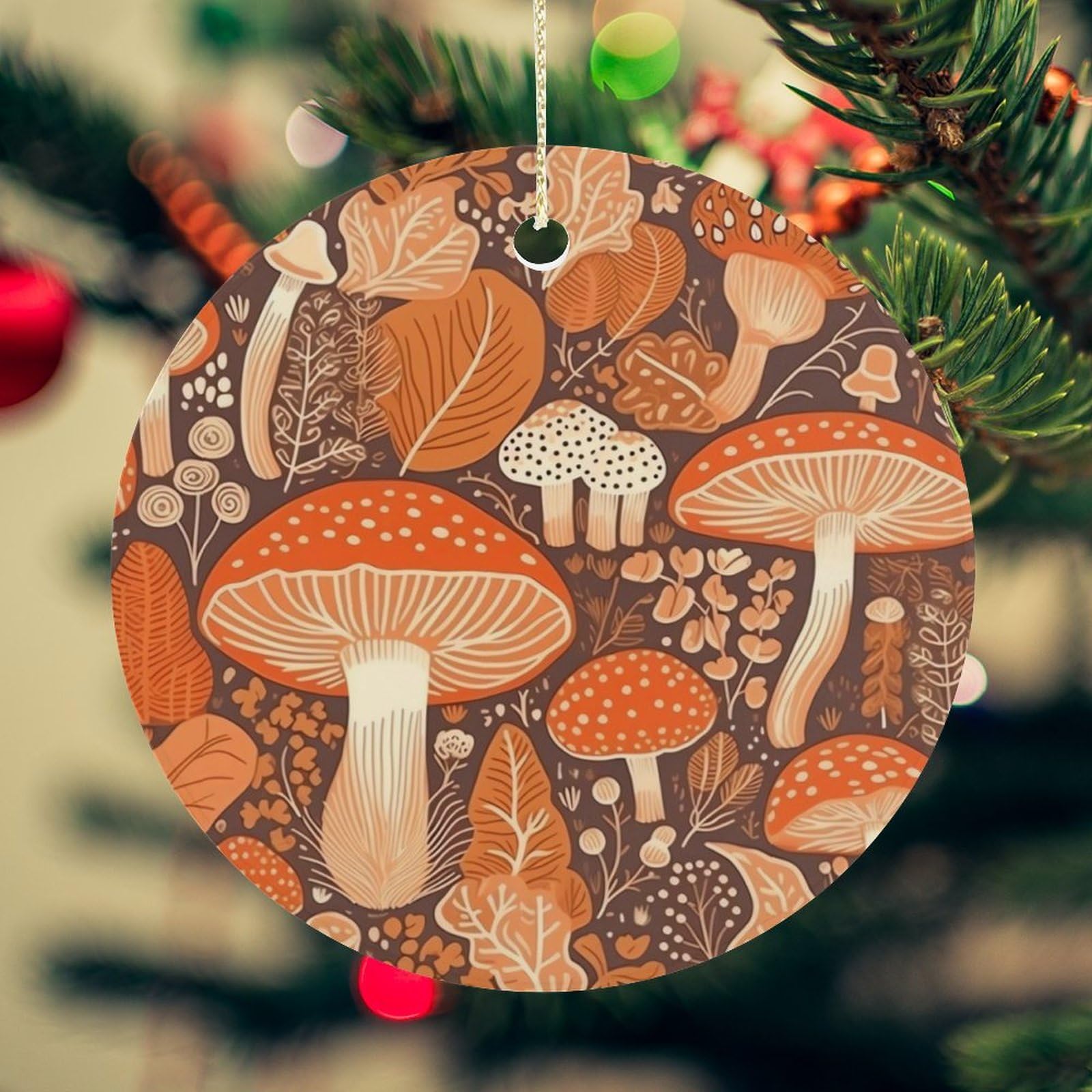 Cartoon Mushroom Christmas Ornament for Christmas Tree Ceramic Round Ornament Winter Holiday Keepsake Gift 2.7" Christmas Tree Hanging Decorations Circle Ceramic Pendant Xmas Gift