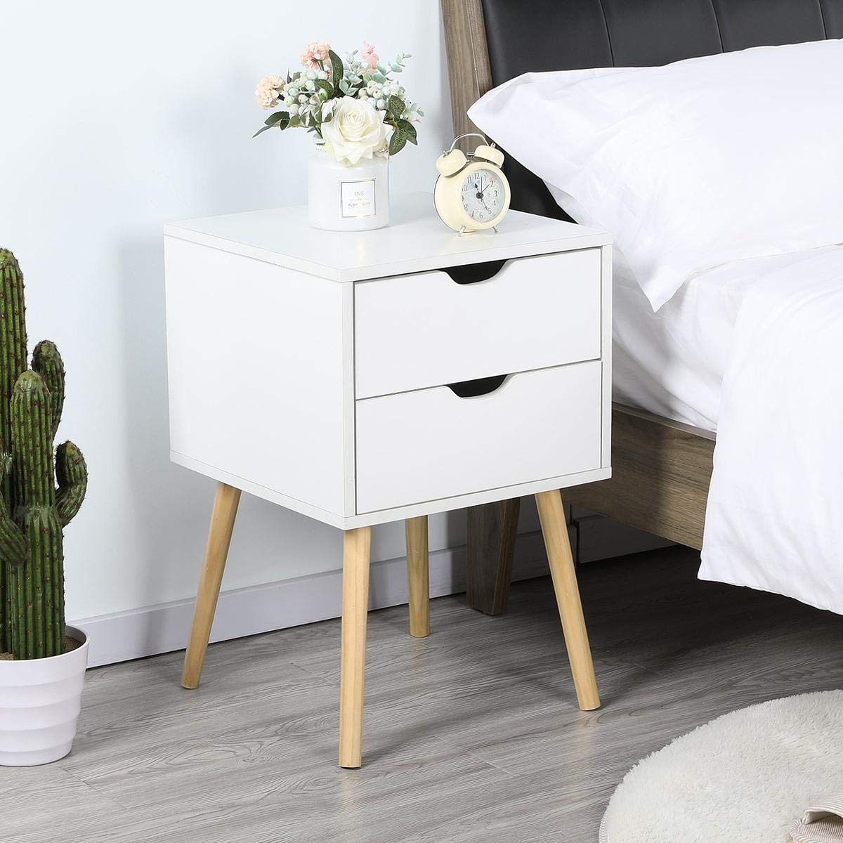 Yaheetech Mesitas de Noche Mesillas de Noche con 2 Cajones 40x40x61 cm Mesa Auxiliar de Madera para Dormitorio Salón Cama Oficina Estilo Moderno Blanco
