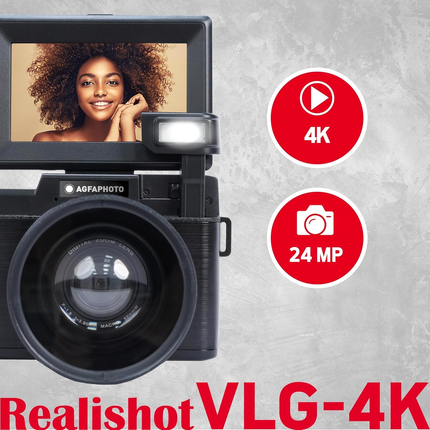 AgfaPhoto Realishot VLG-4K Kit Vlogging - Caméra 24MP, Vidéo 4K, Ecran LCD 3'', Zoom Numérique 16X, Capteur CMOS, Batterie Lithium - Noir